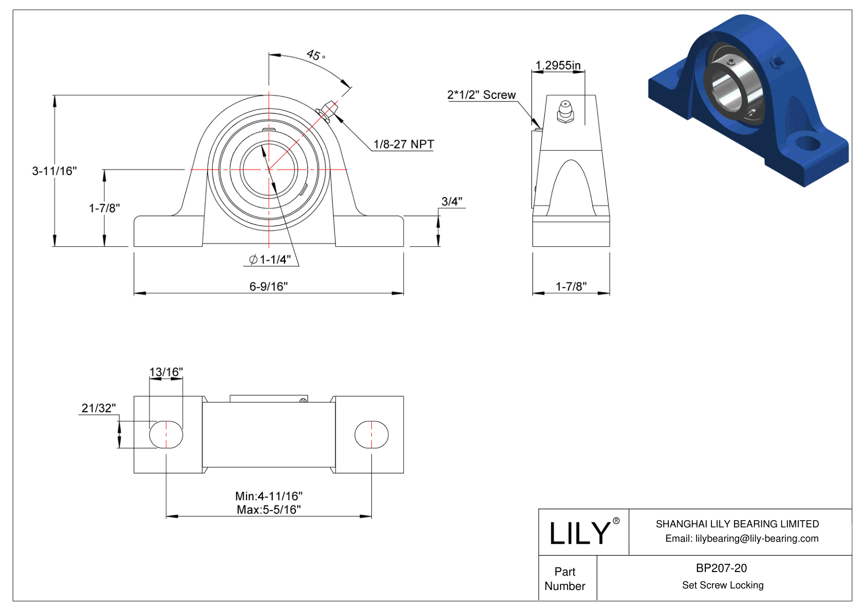 BP207-20 Pillow Block Bearing Set Screw Locking cad drawing