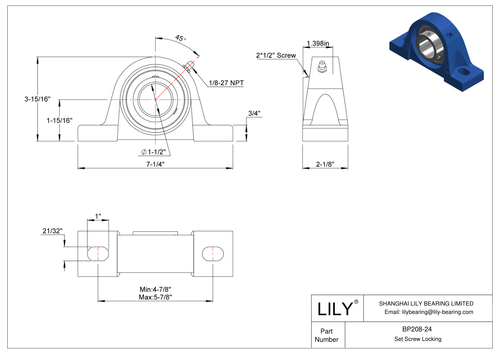 BP208-24 Pillow Block Bearing Set Screw Locking cad drawing