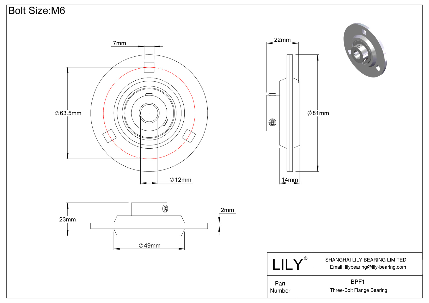 BPF1 Three-Bolt Flange Bearing Set Screw Locking cad drawing