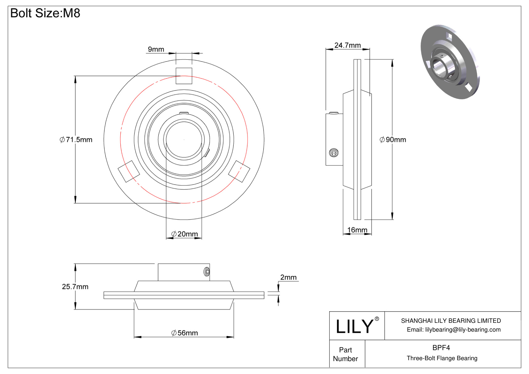 BPF4 Three-Bolt Flange Bearing Set Screw Locking cad drawing