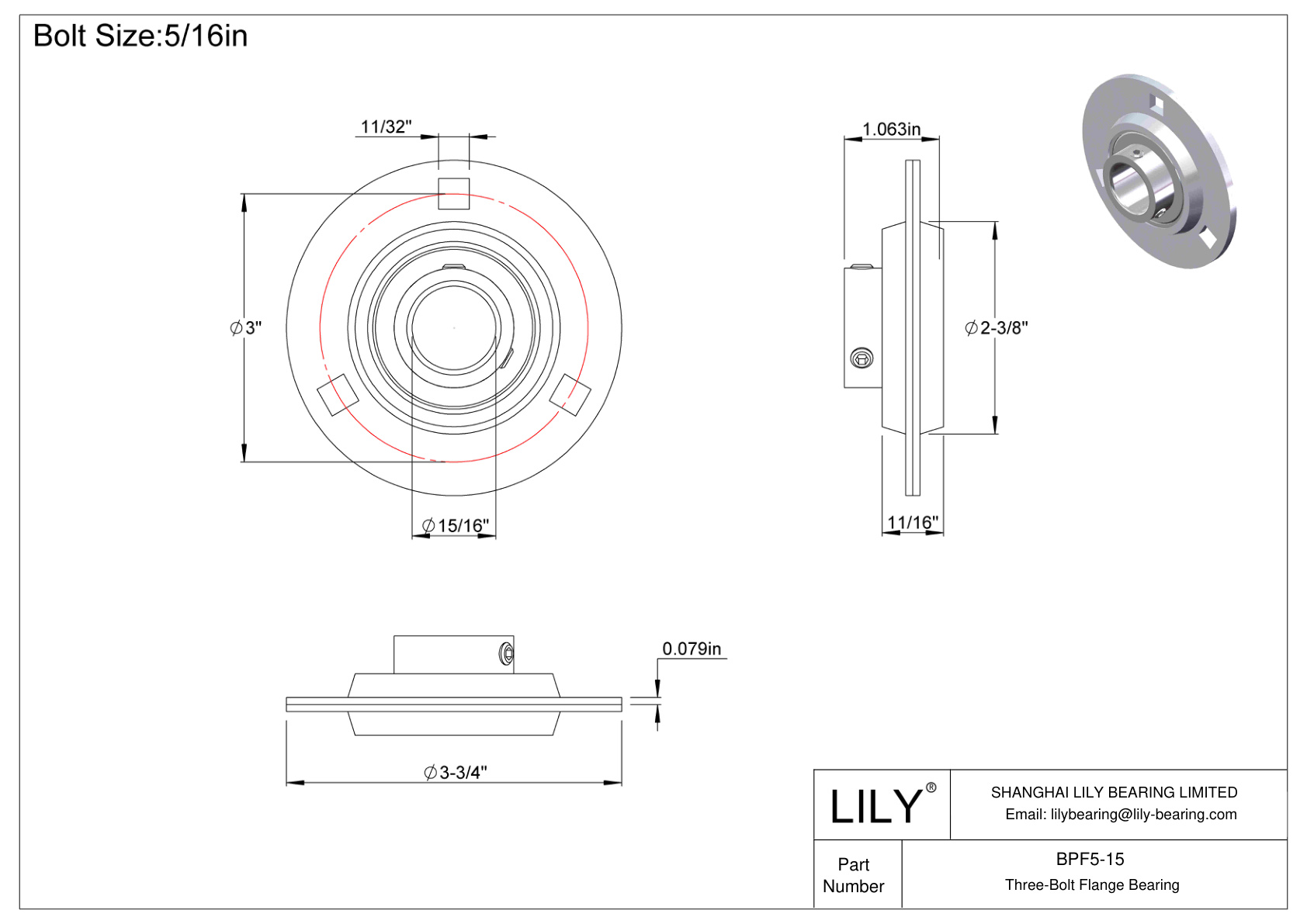 BPF5-15 Three-Bolt Flange Bearing Set Screw Locking cad drawing