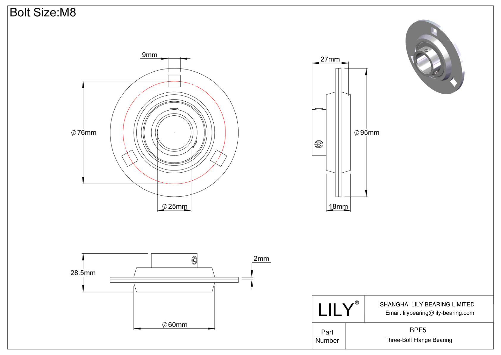 BPF5 Three-Bolt Flange Bearing Set Screw Locking cad drawing