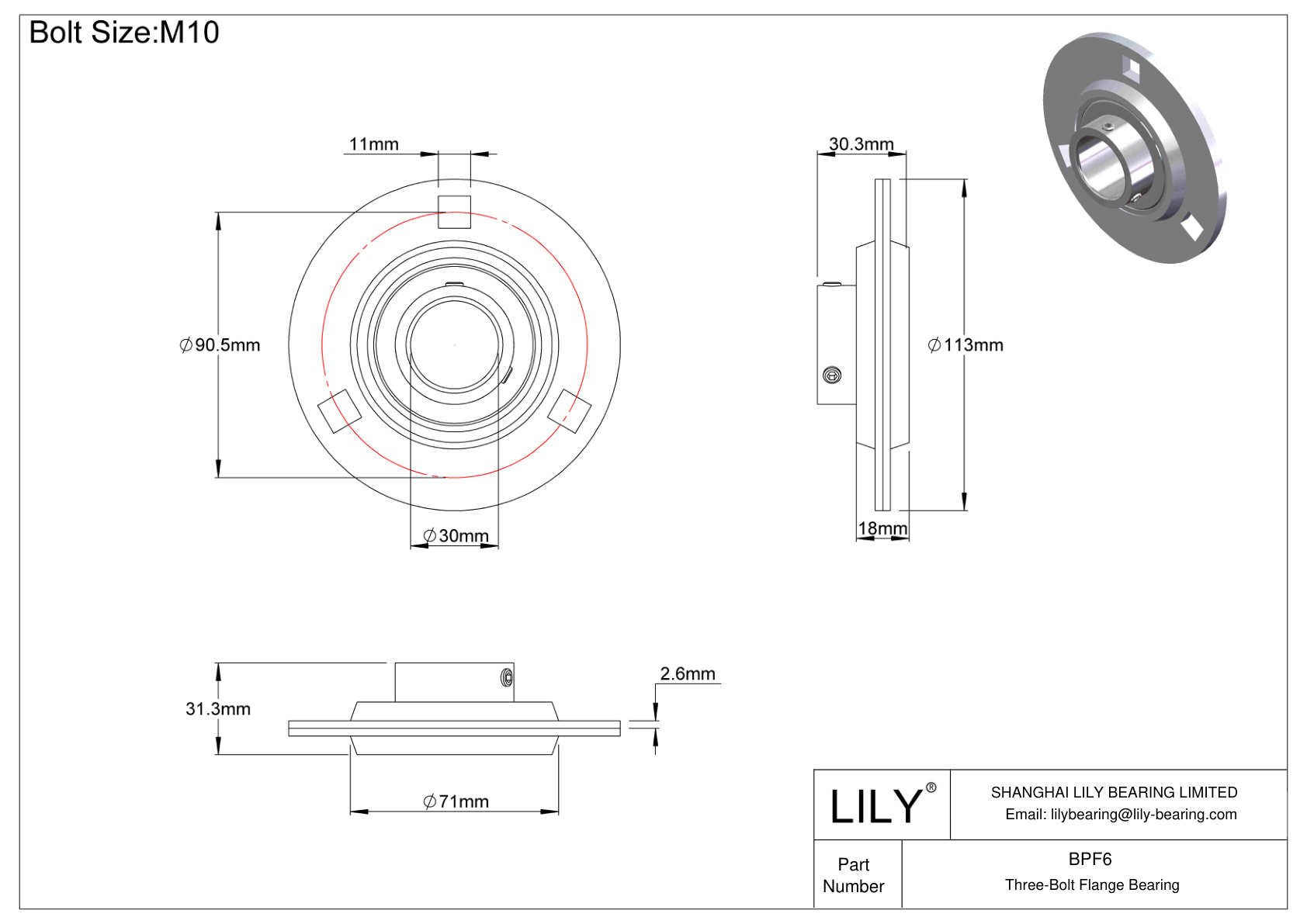 BPF6 Three-Bolt Flange Bearing Set Screw Locking cad drawing