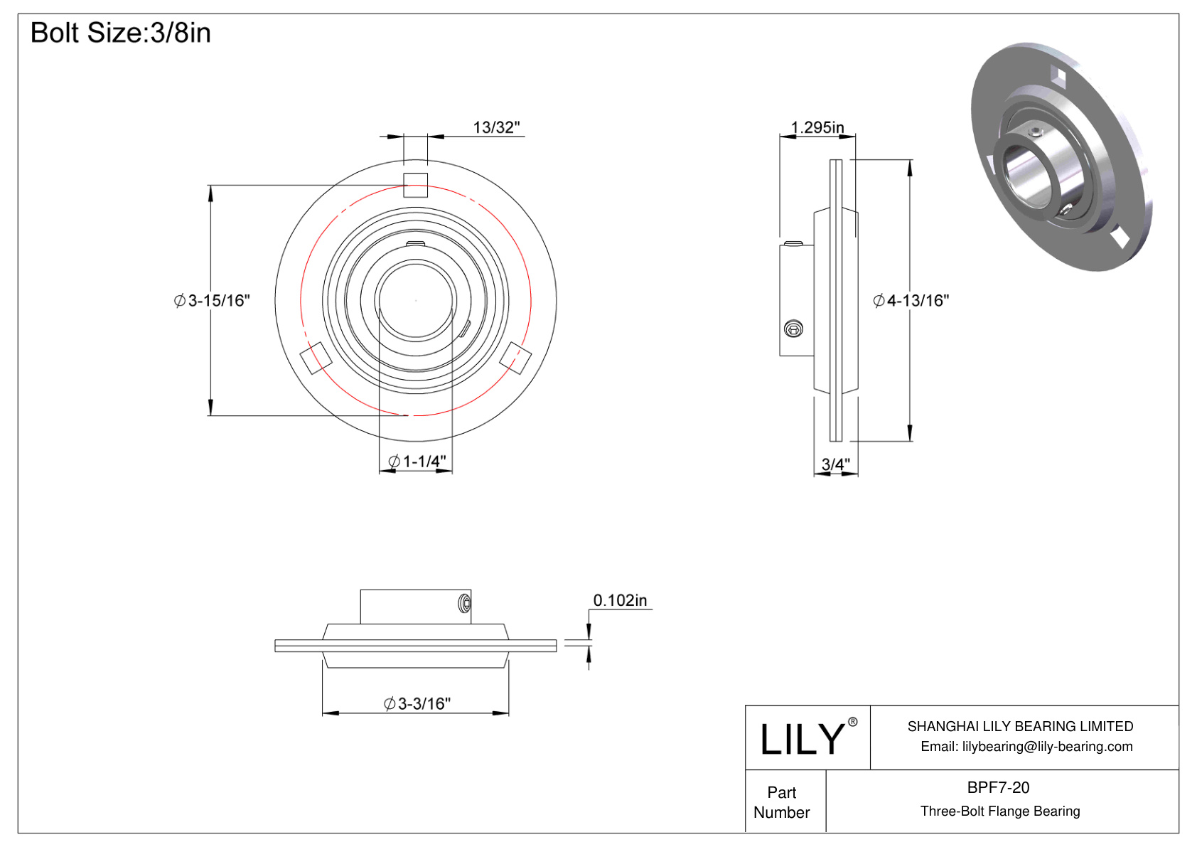 BPF7-20 Three-Bolt Flange Bearing Set Screw Locking cad drawing