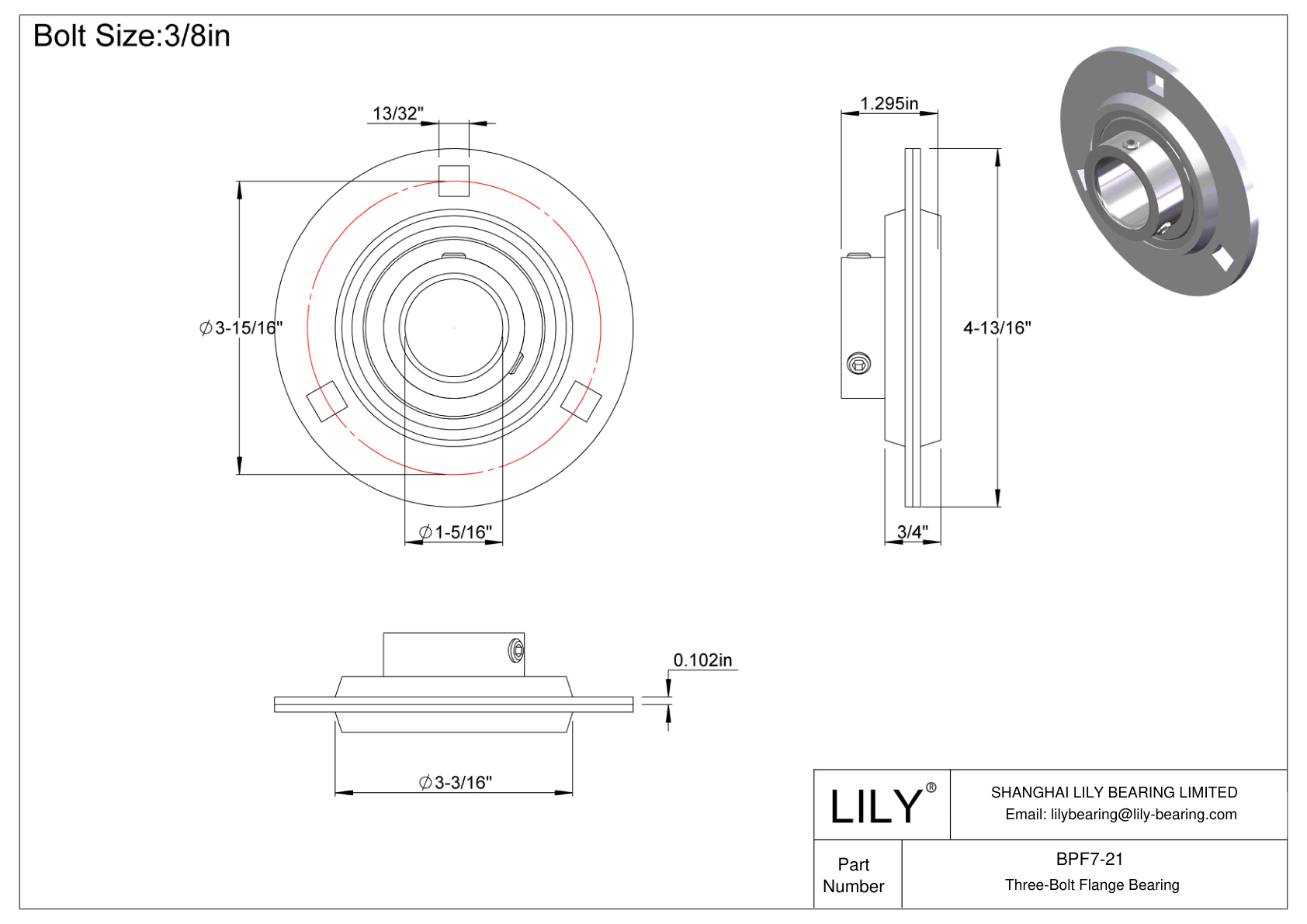 BPF7-21 Three-Bolt Flange Bearing Set Screw Locking cad drawing