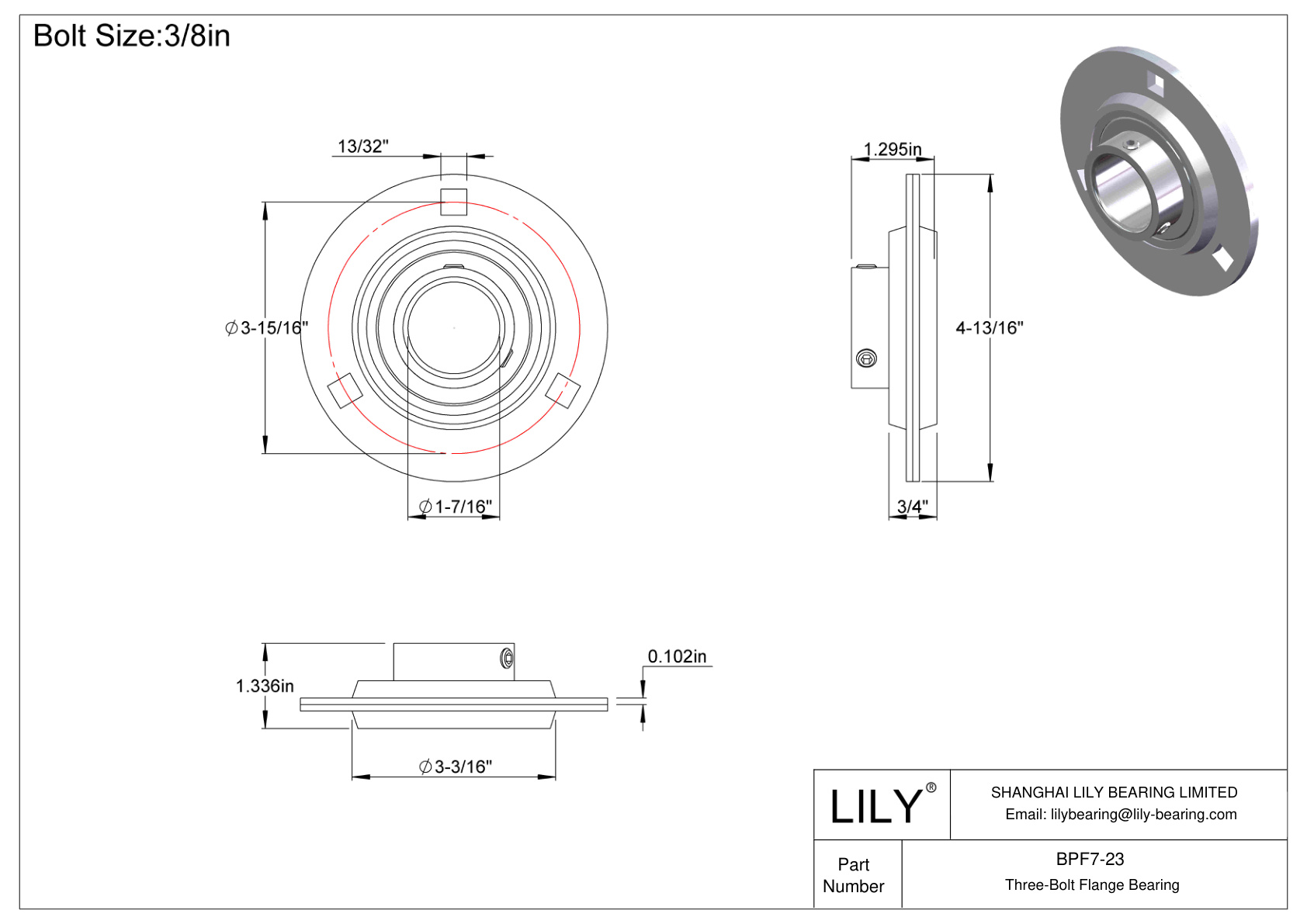 BPF7-23 Three-Bolt Flange Bearing Set Screw Locking cad drawing