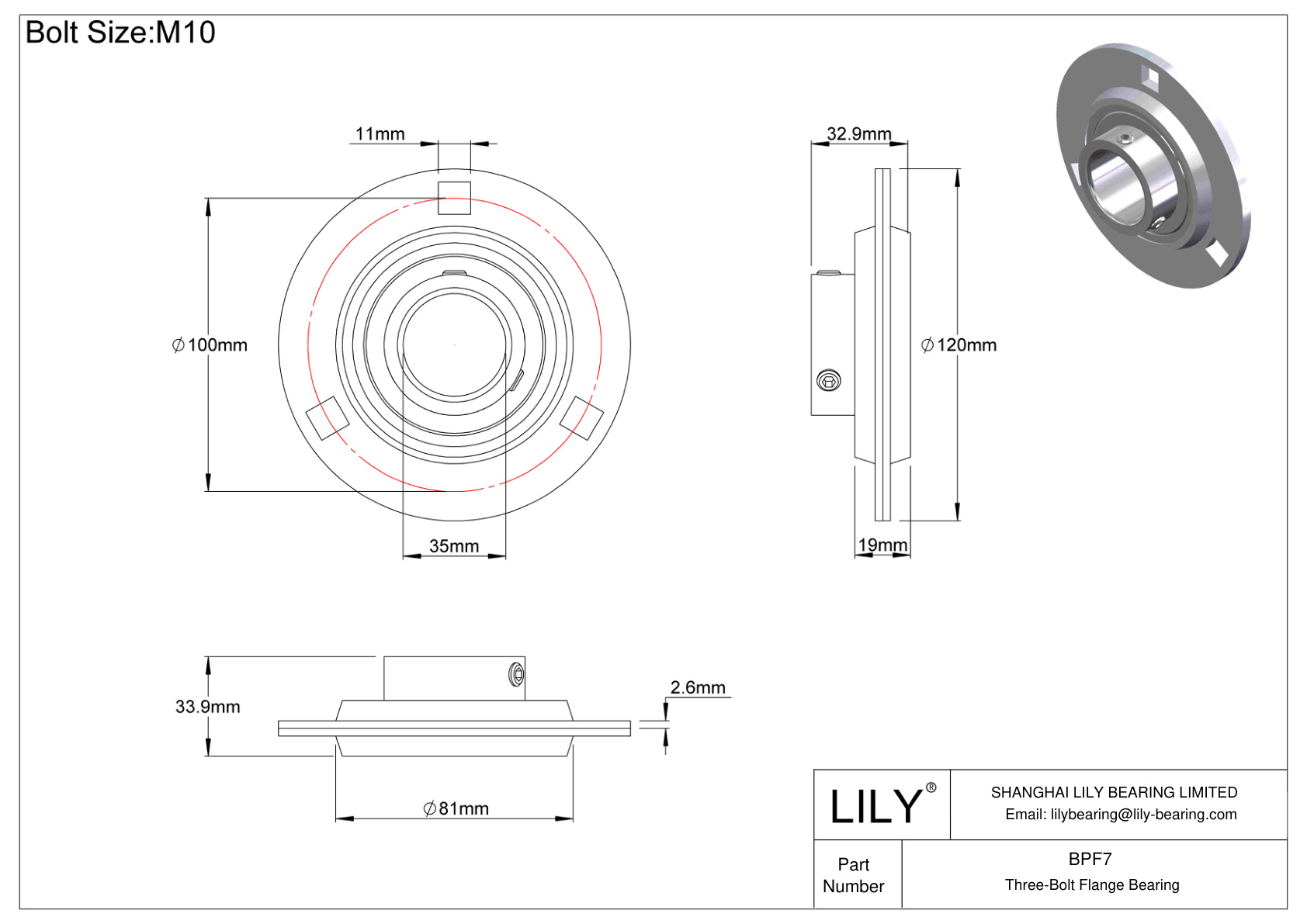 BPF7 Tornillo de fijación del cojinete de brida de tres pernos cad drawing