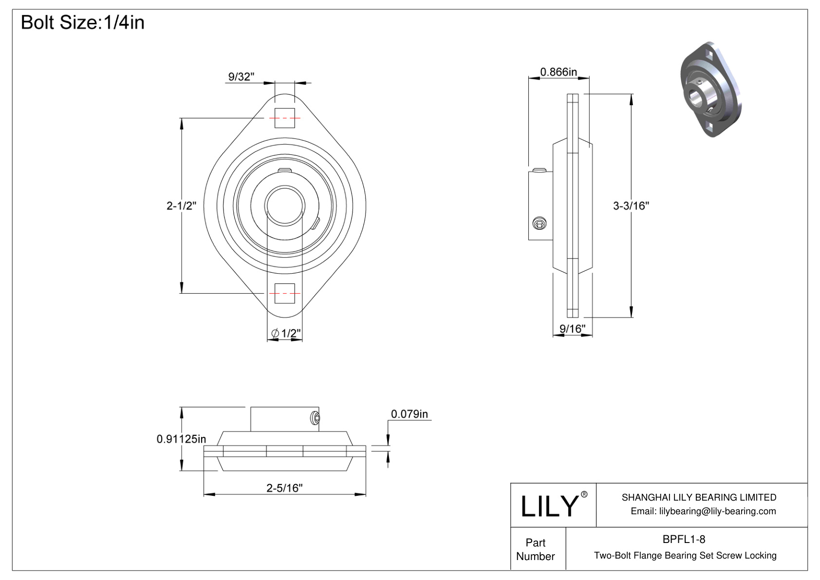 BPFL1-8 Two-Bolt Flange Bearing Set Screw Locking cad drawing