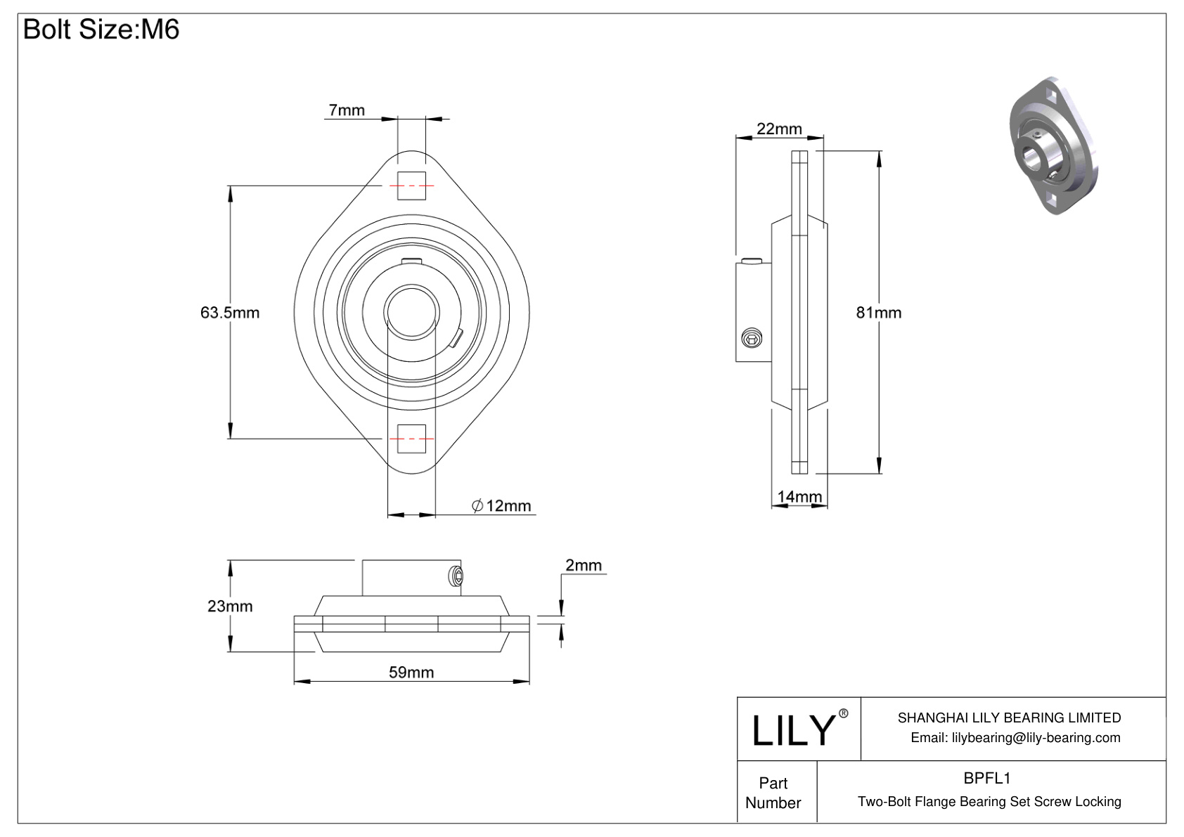 BPFL1 Two-Bolt Flange Bearing Set Screw Locking cad drawing