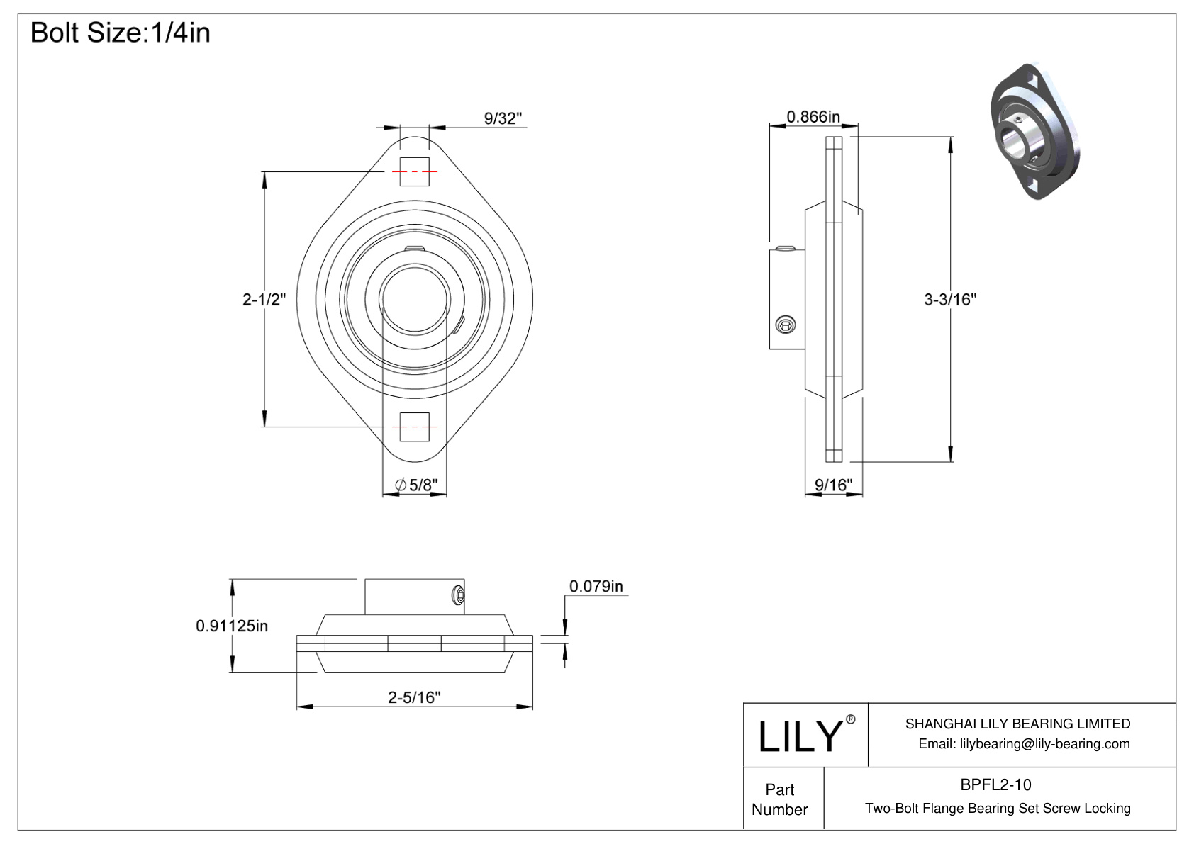 BPFL2-10 Two-Bolt Flange Bearing Set Screw Locking cad drawing