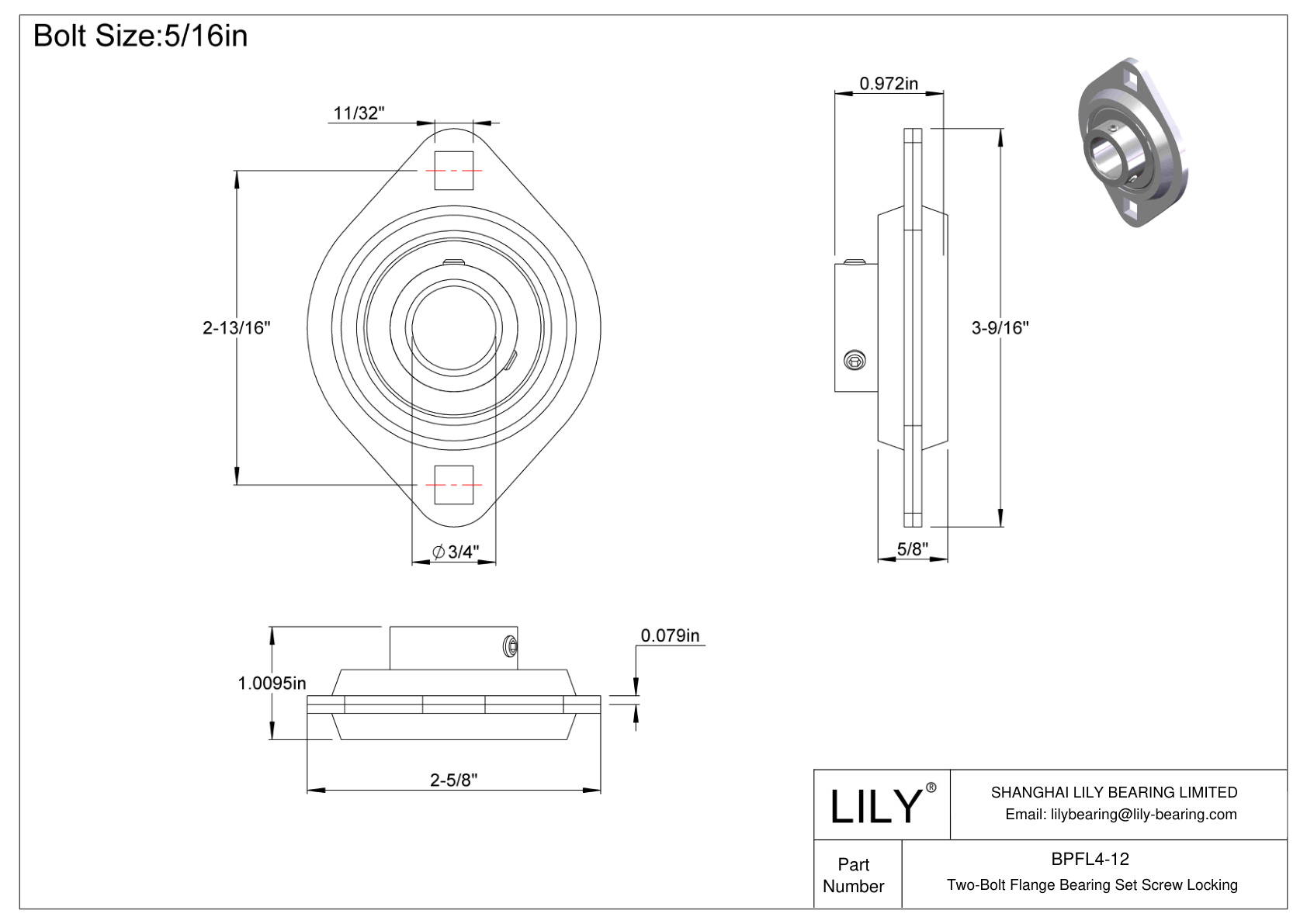 BPFL4-12 Two-Bolt Flange Bearing Set Screw Locking cad drawing