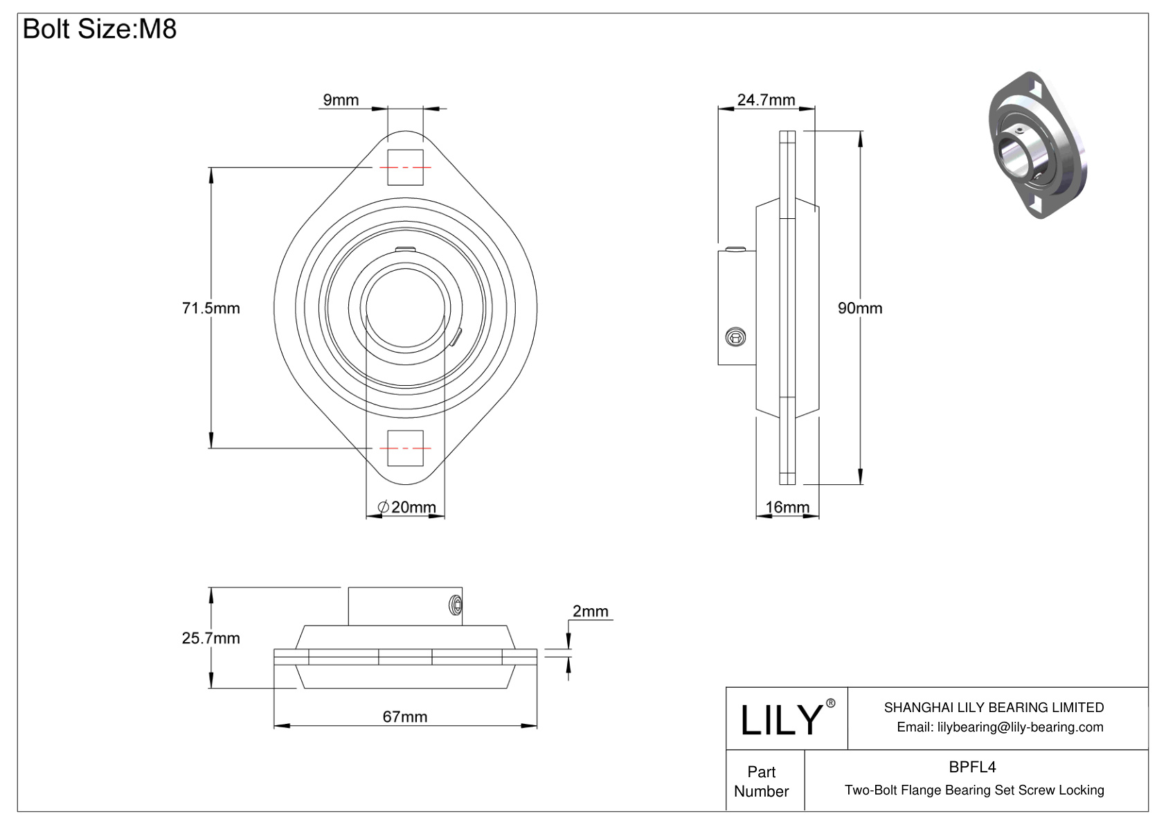 BPFL4 Two-Bolt Flange Bearing Set Screw Locking cad drawing