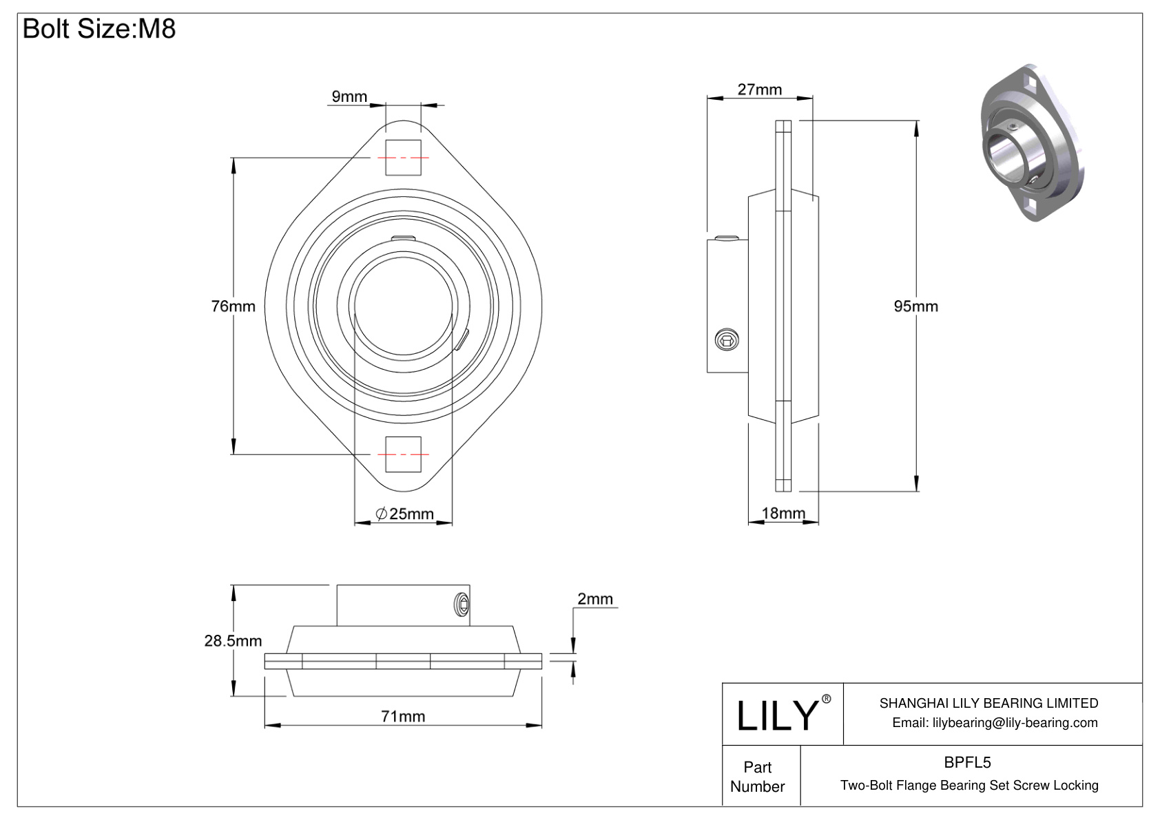 BPFL5 Tornillo de fijación del cojinete de brida de dos pernos cad drawing