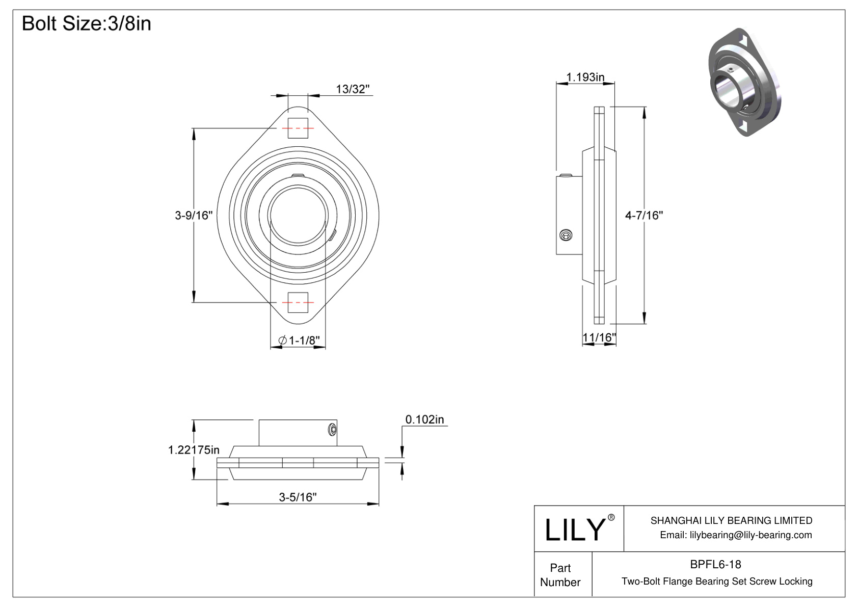 BPFL6-18 Two-Bolt Flange Bearing Set Screw Locking cad drawing