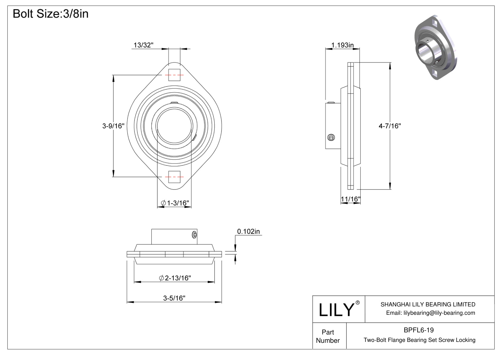 BPFL6-19 Two-Bolt Flange Bearing Set Screw Locking cad drawing