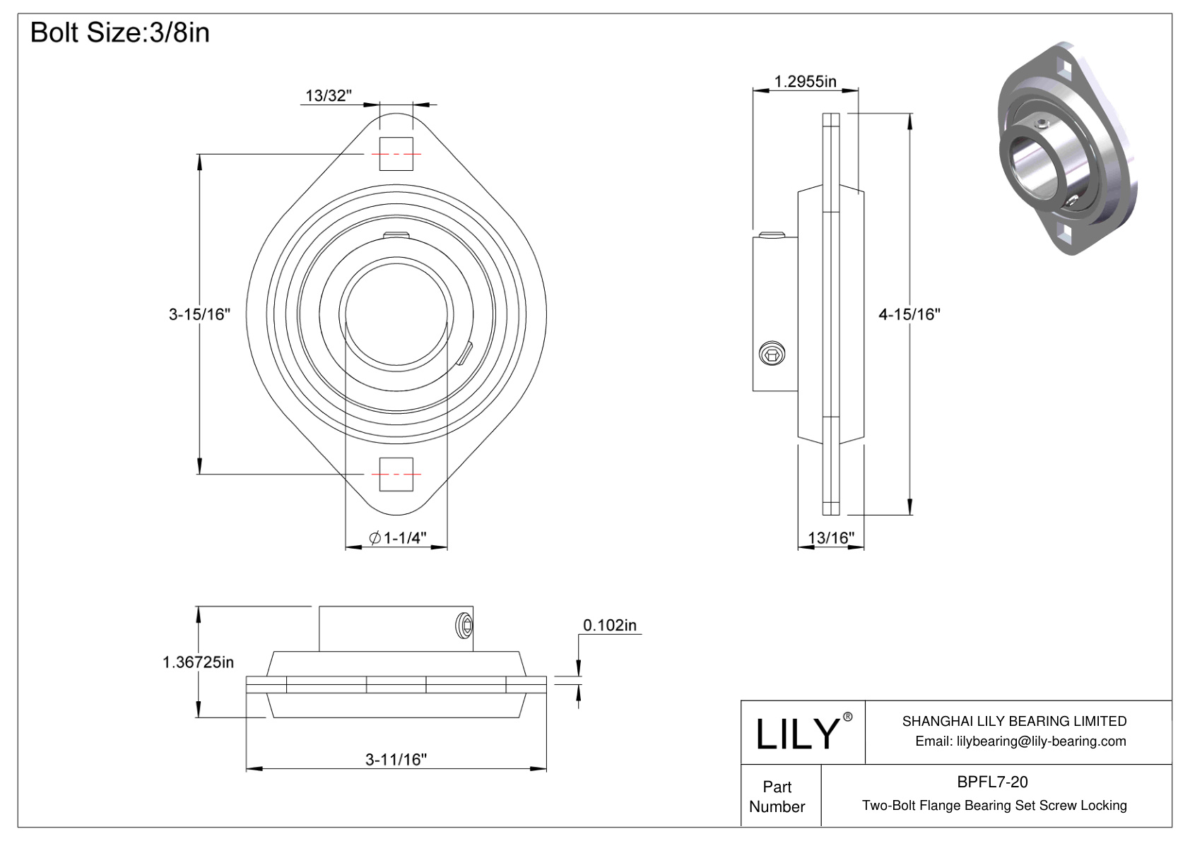 BPFL7-20 Two-Bolt Flange Bearing Set Screw Locking cad drawing