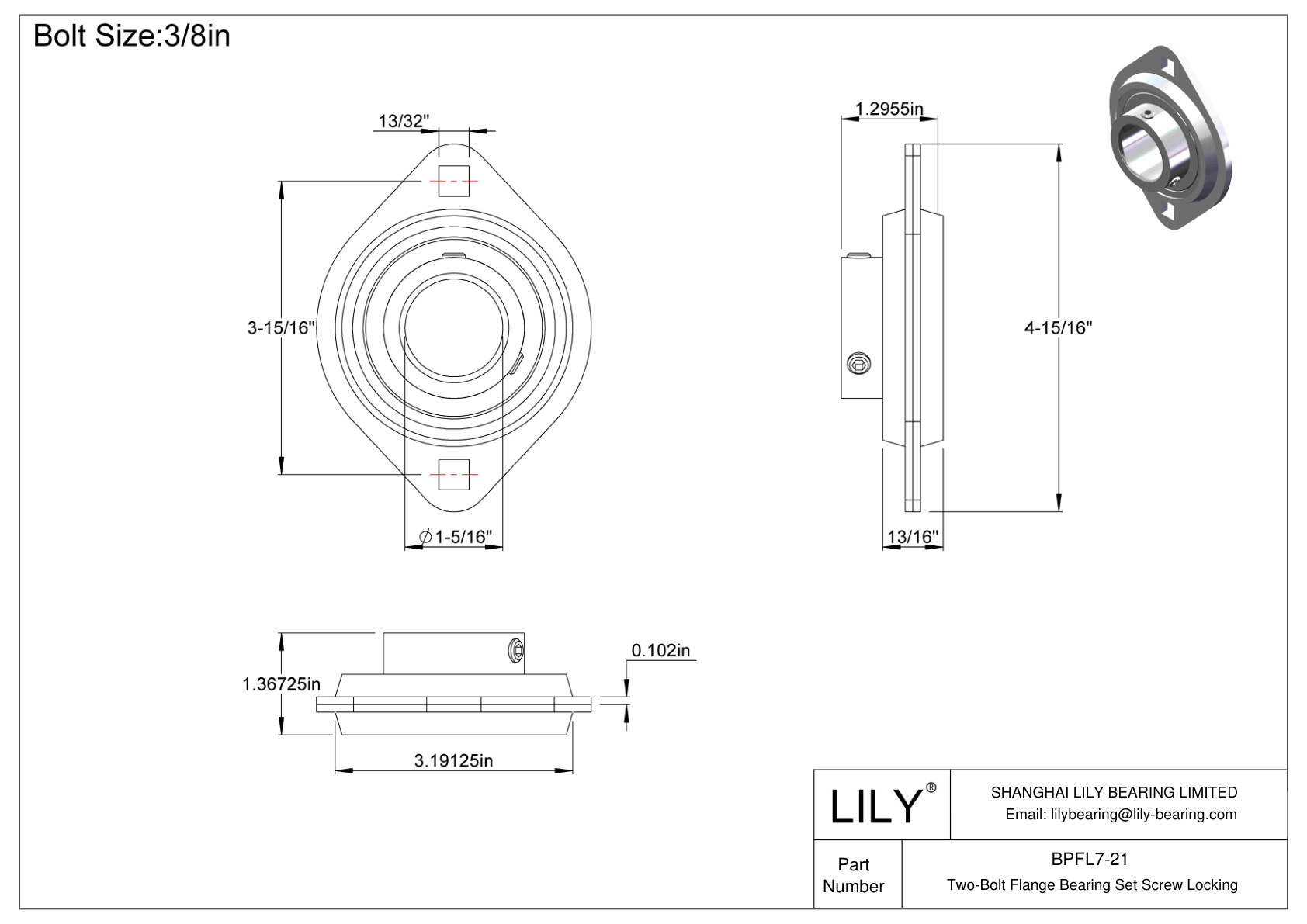 BPFL7-21 Two-Bolt Flange Bearing Set Screw Locking cad drawing