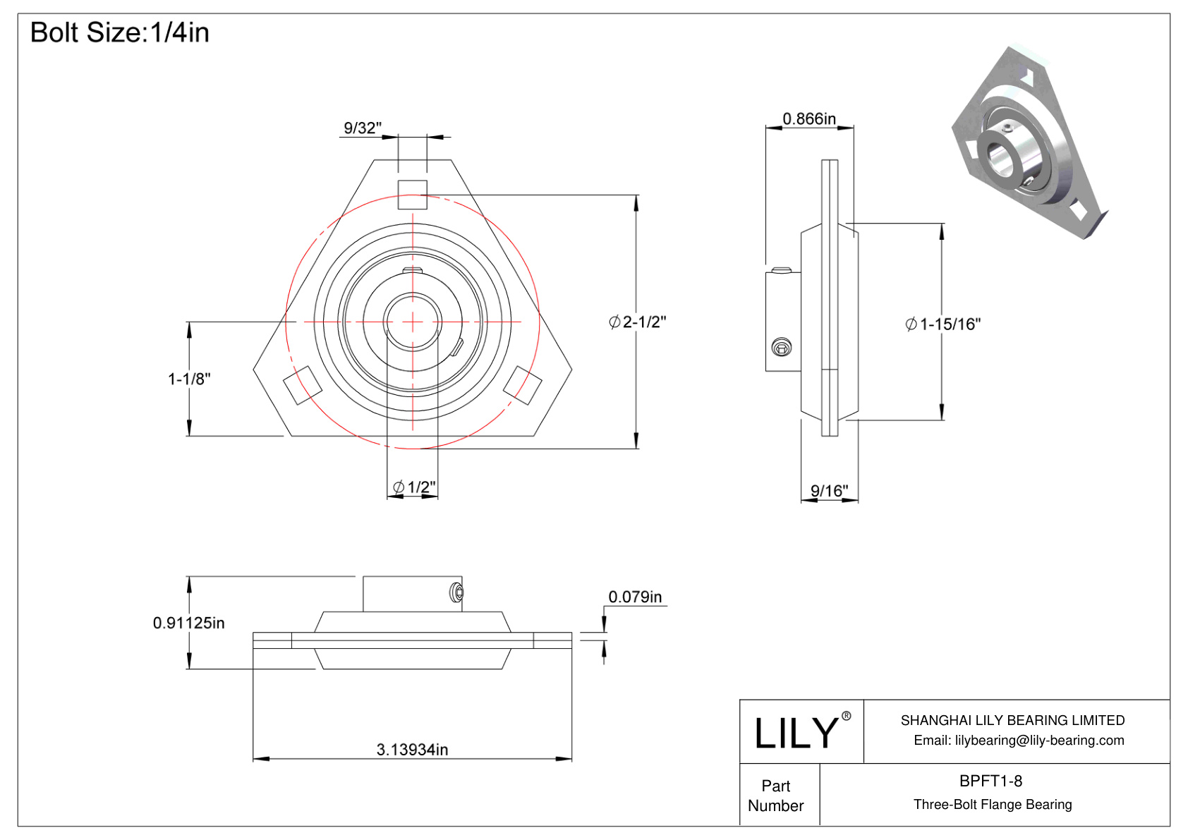 BPFT1-8 Three-Bolt Flange Bearing Set Screw Locking cad drawing