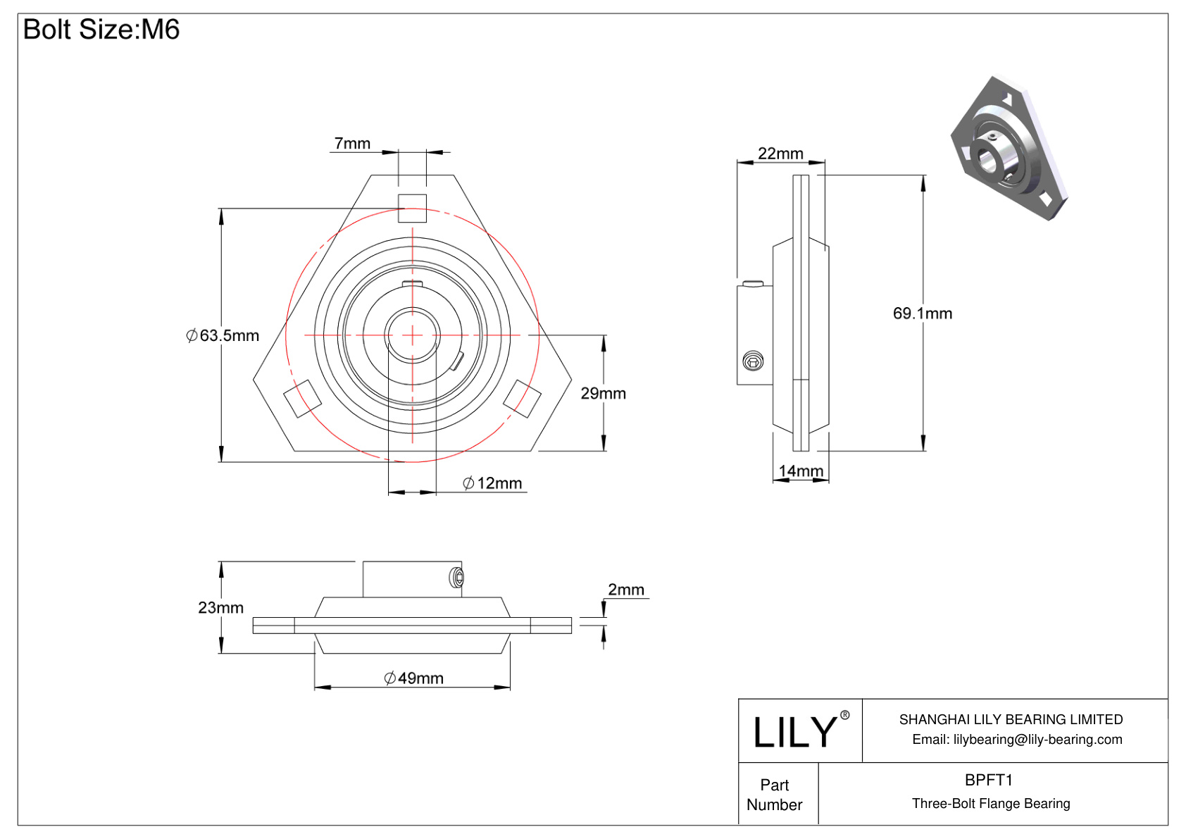 BPFT1 Tornillo de fijación del cojinete de brida de tres pernos cad drawing