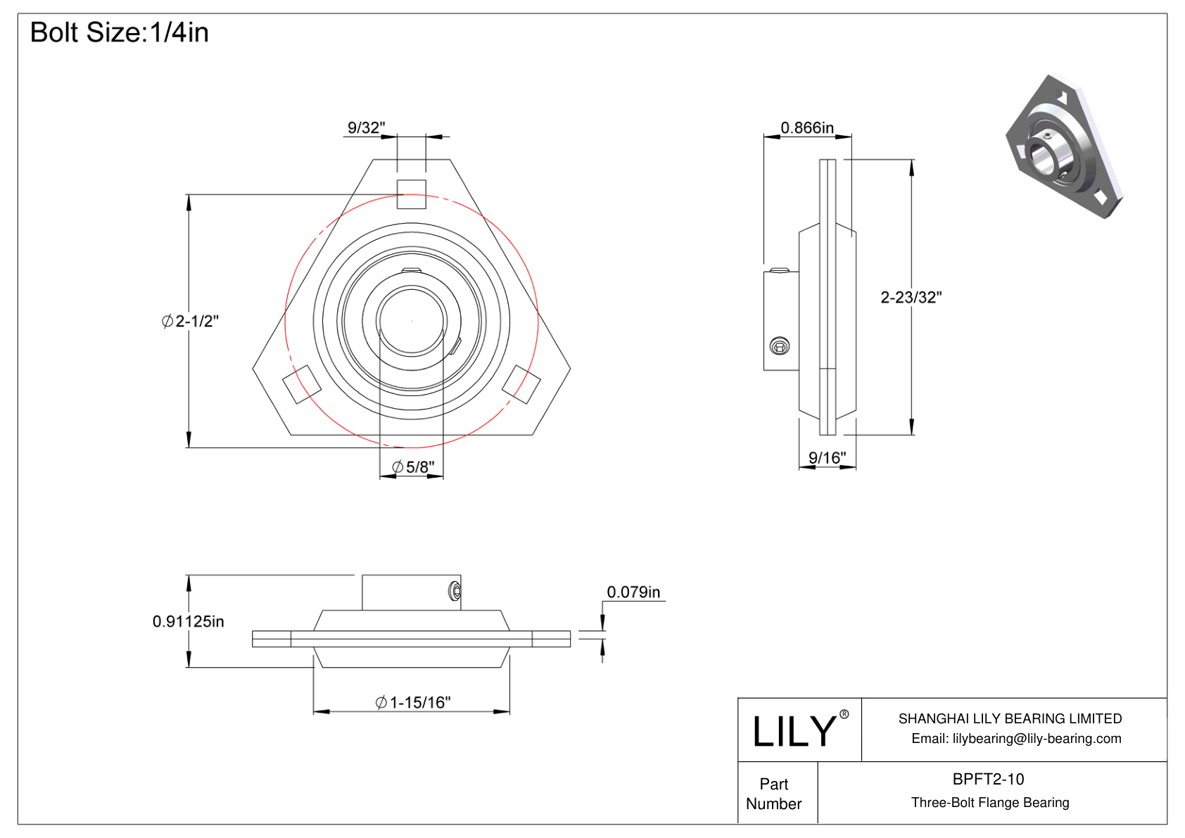 BPFT2-10 Three-Bolt Flange Bearing Set Screw Locking cad drawing