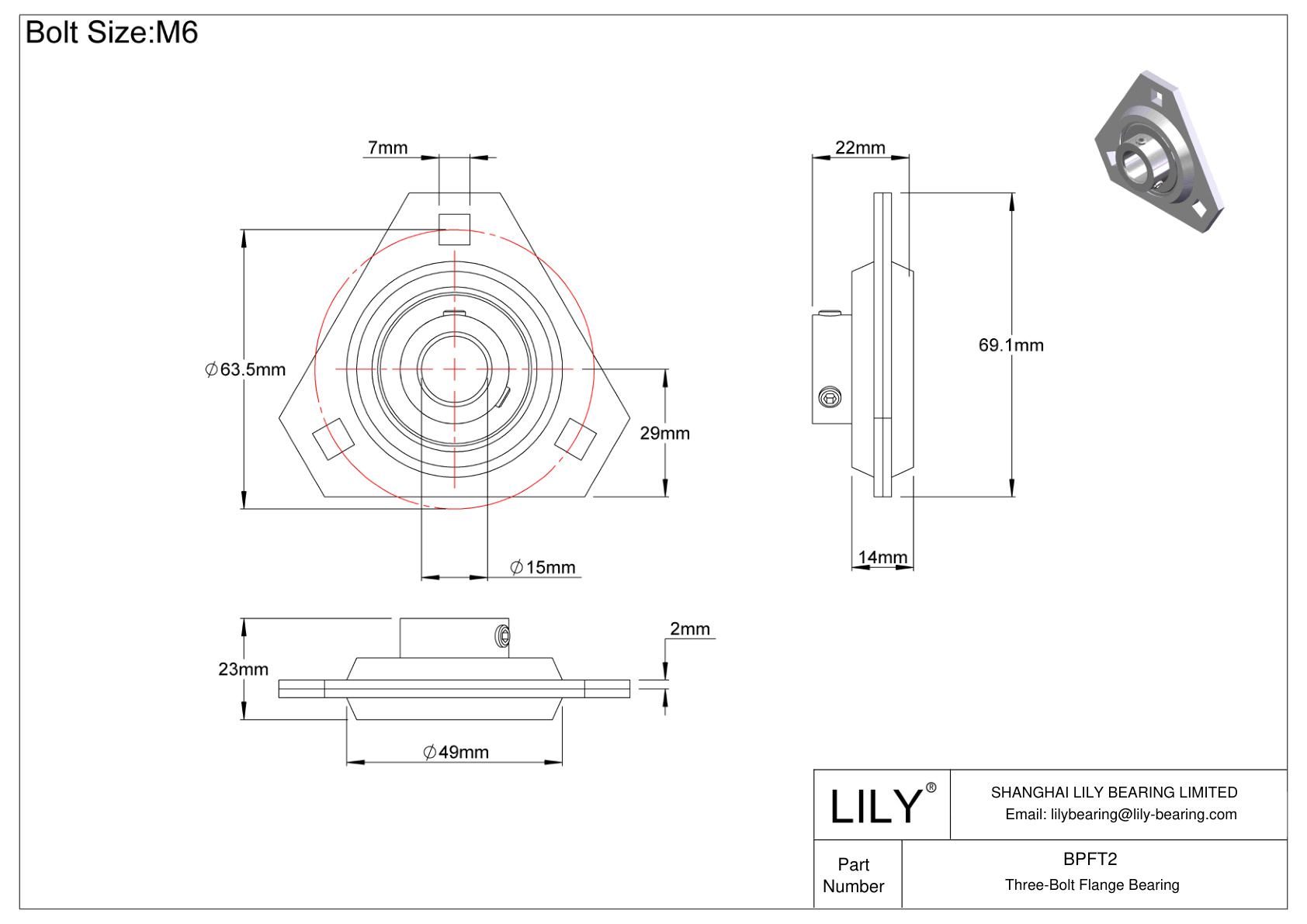 BPFT2 Three-Bolt Flange Bearing Set Screw Locking cad drawing