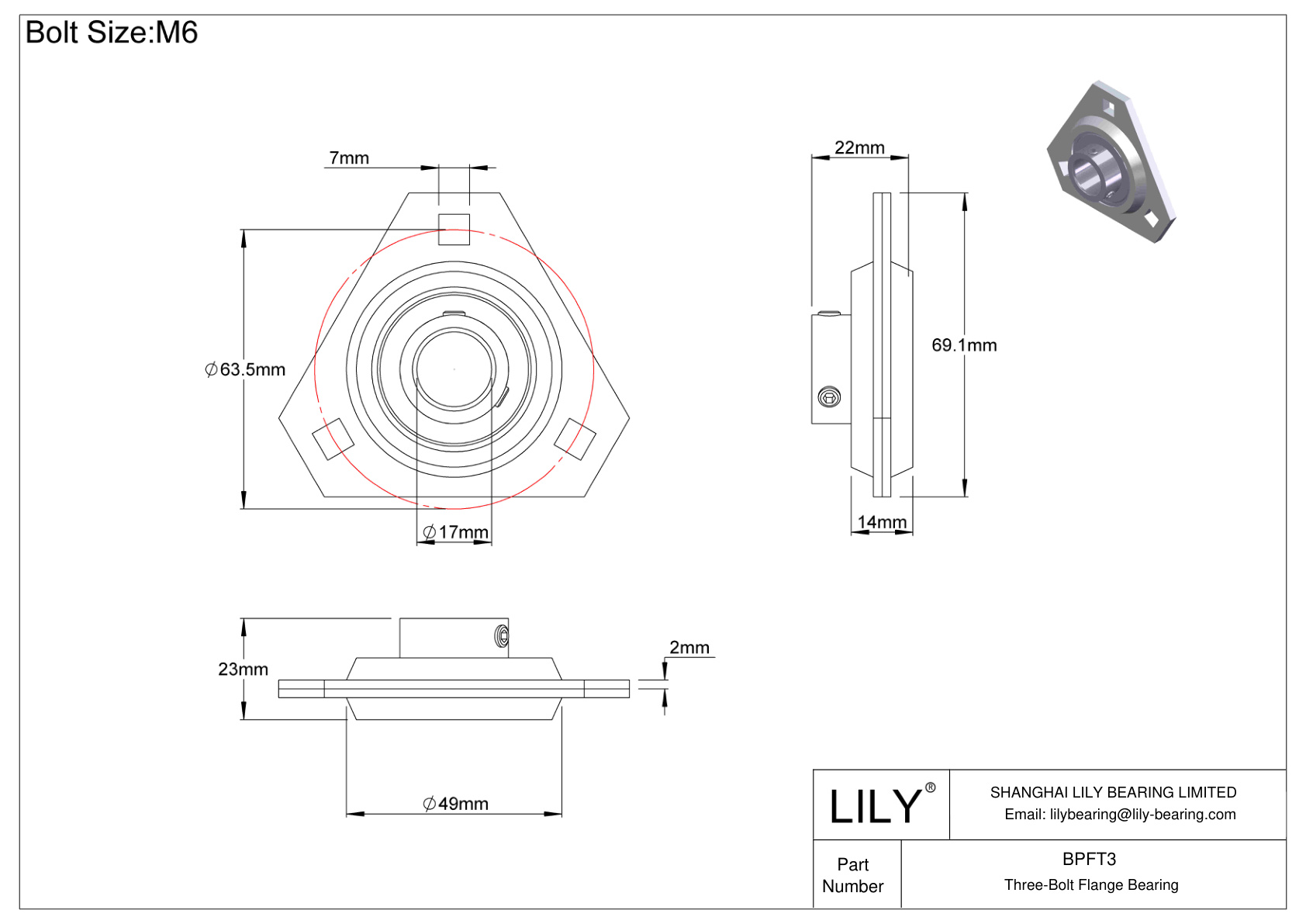 BPFT3 Three-Bolt Flange Bearing Set Screw Locking cad drawing