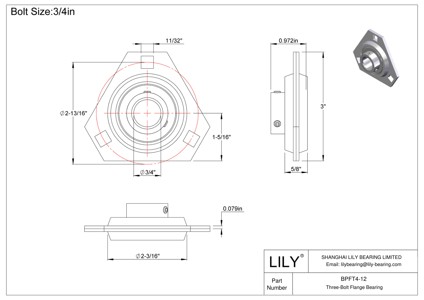 BPFT4-12 Three-Bolt Flange Bearing Set Screw Locking cad drawing