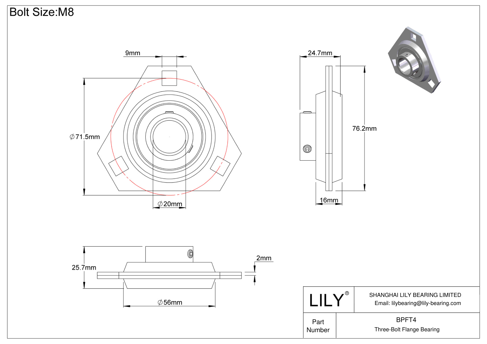 BPFT4 Three-Bolt Flange Bearing Set Screw Locking cad drawing