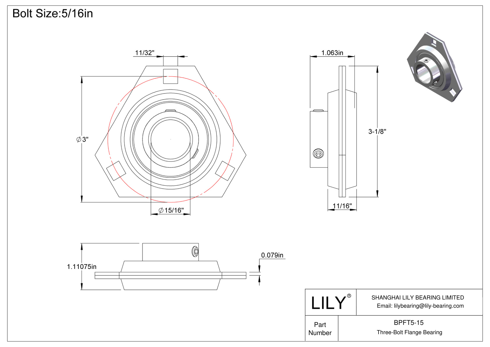 BPFT5-15 Three-Bolt Flange Bearing Set Screw Locking cad drawing