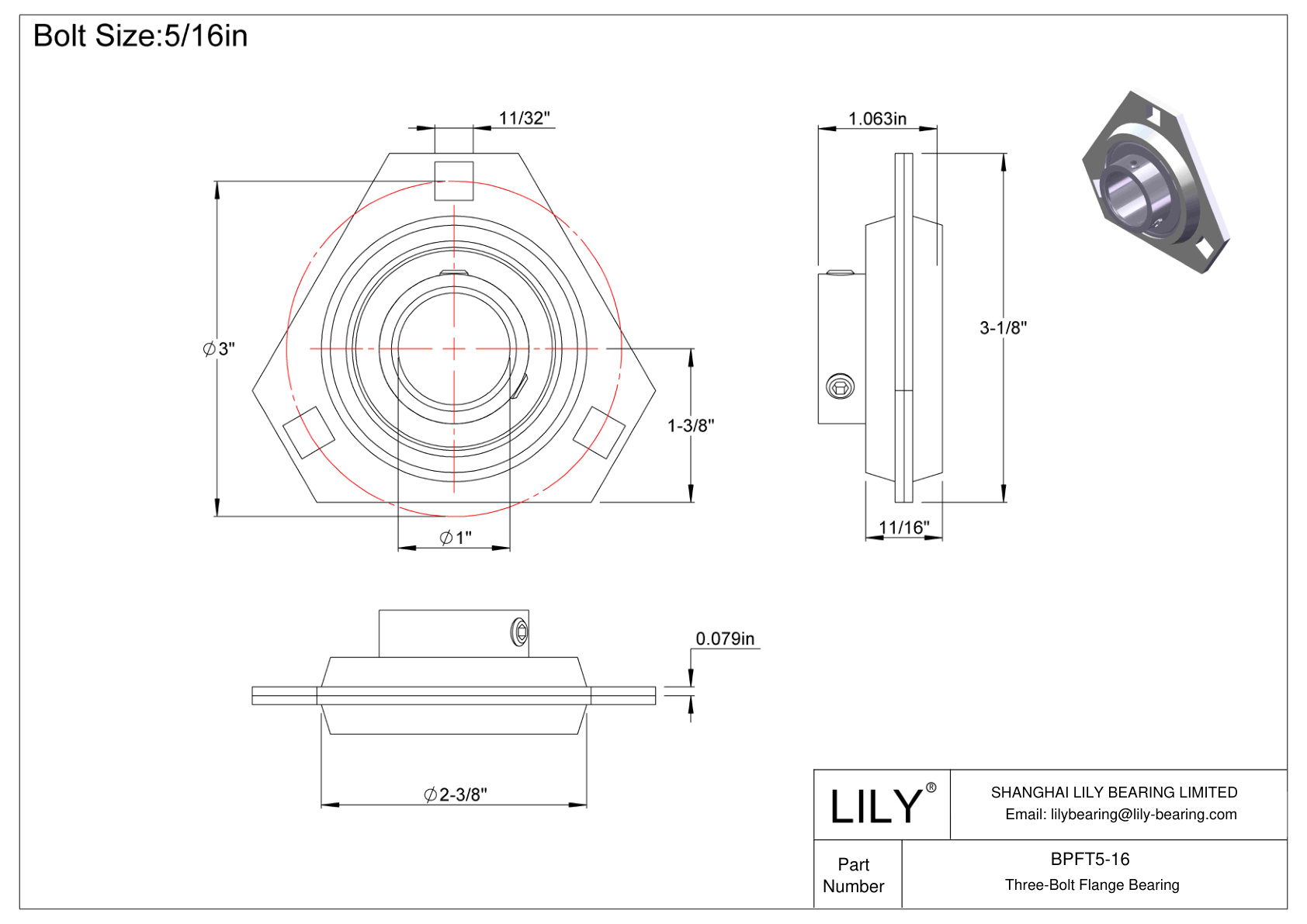 BPFT5-16 Three-Bolt Flange Bearing Set Screw Locking cad drawing