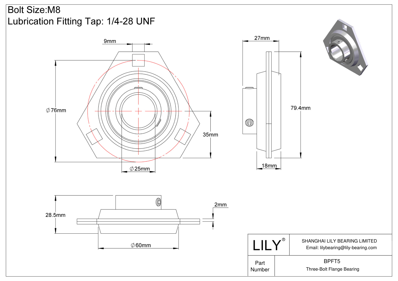 BPFT5 Tornillo de fijación del cojinete de brida de tres pernos cad drawing