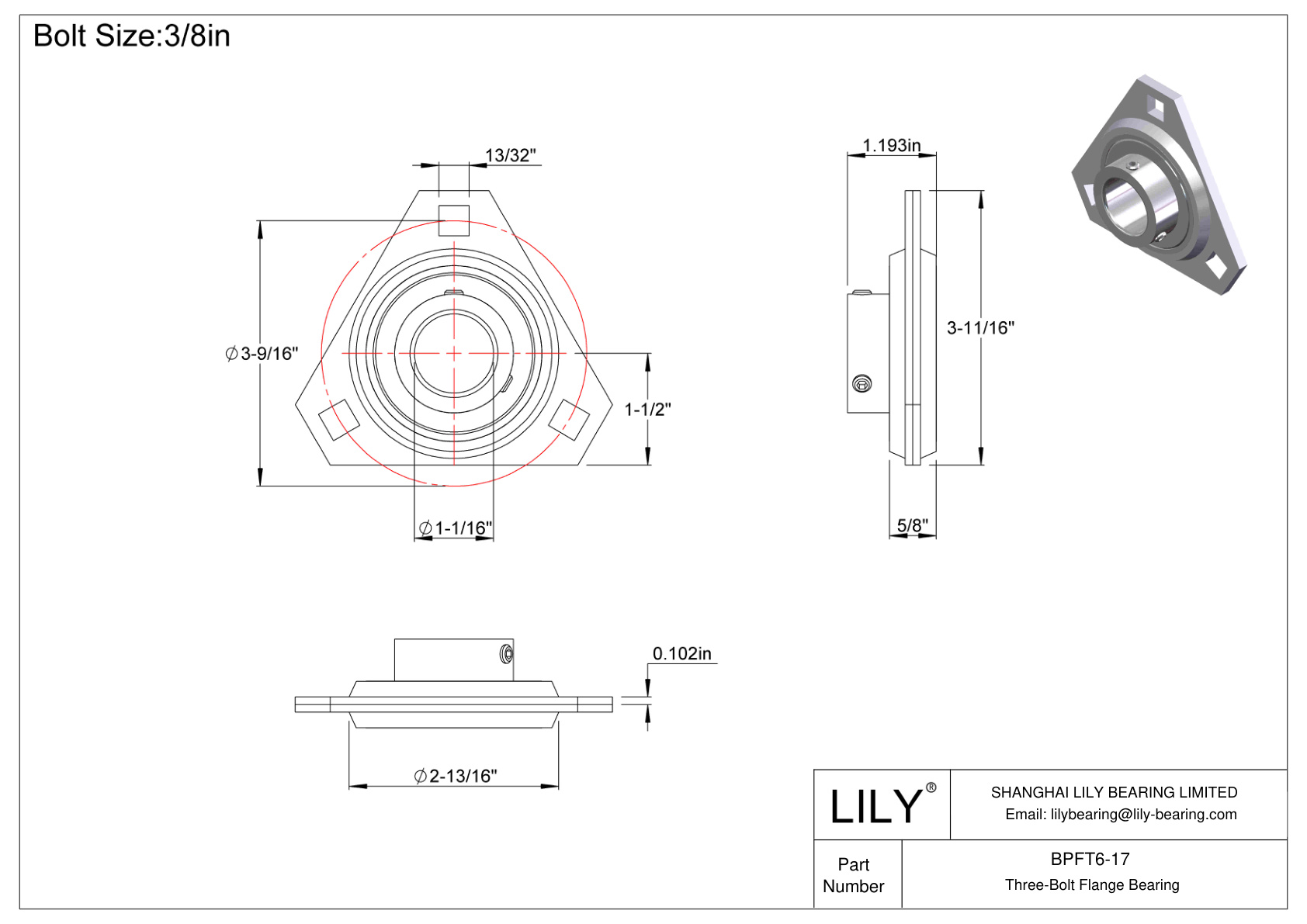 BPFT6-17 Three-Bolt Flange Bearing Set Screw Locking cad drawing