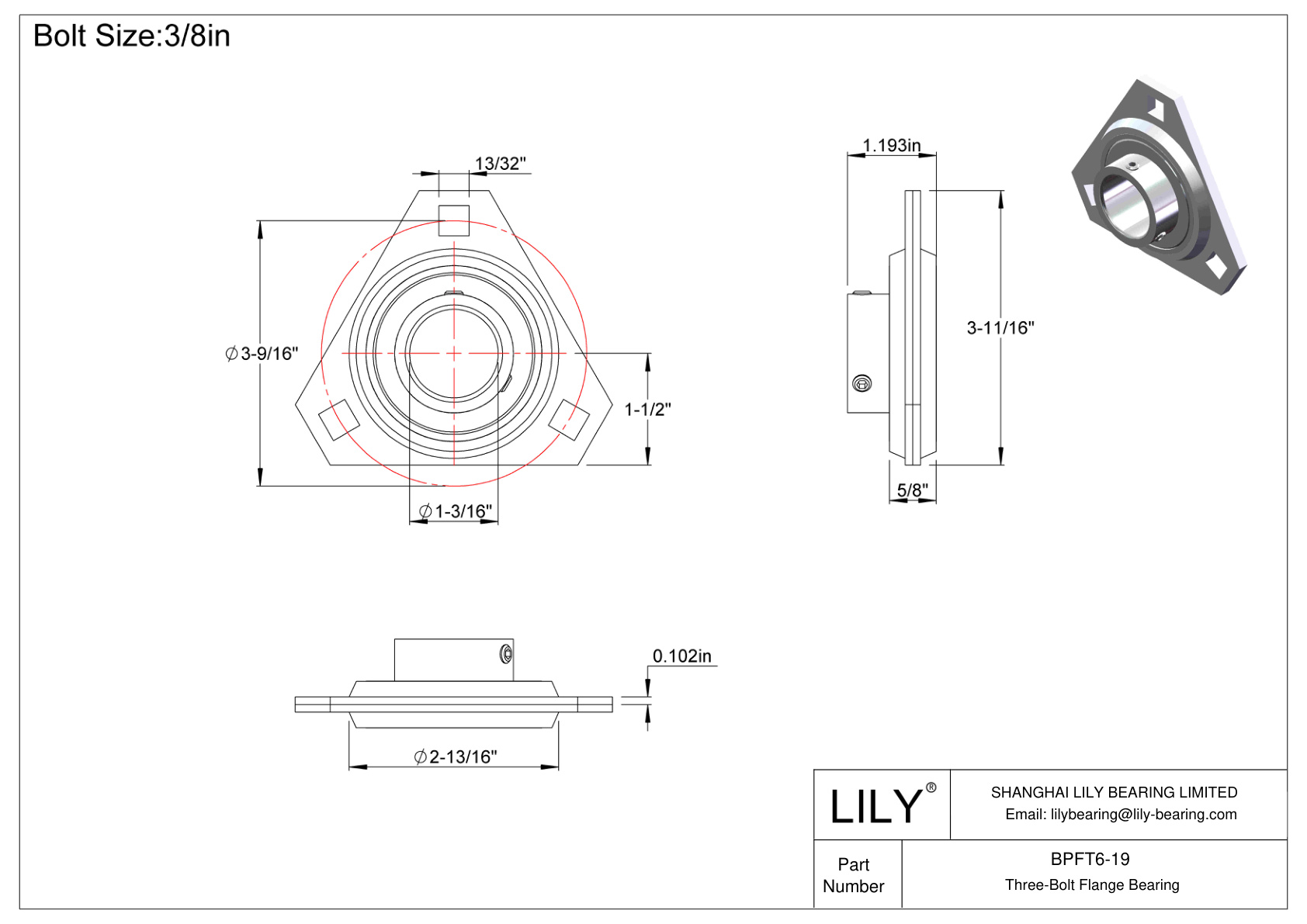 BPFT6-19 Three-Bolt Flange Bearing Set Screw Locking cad drawing