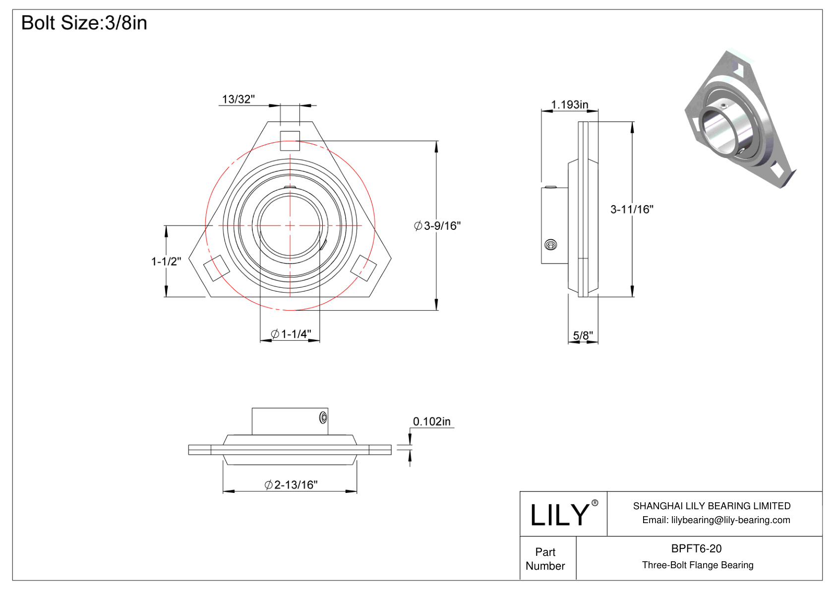 BPFT6-20 Three-Bolt Flange Bearing Set Screw Locking cad drawing