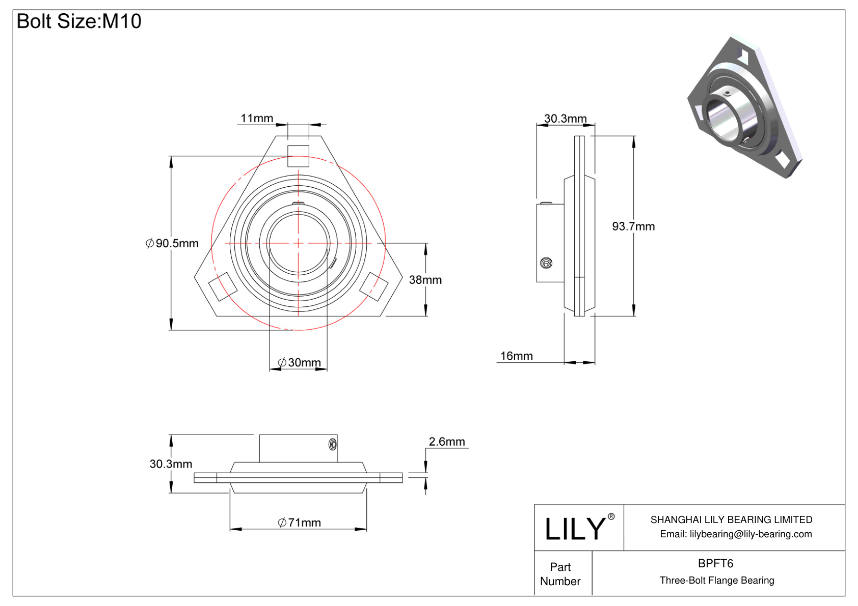 BPFT6 Three-Bolt Flange Bearing Set Screw Locking cad drawing