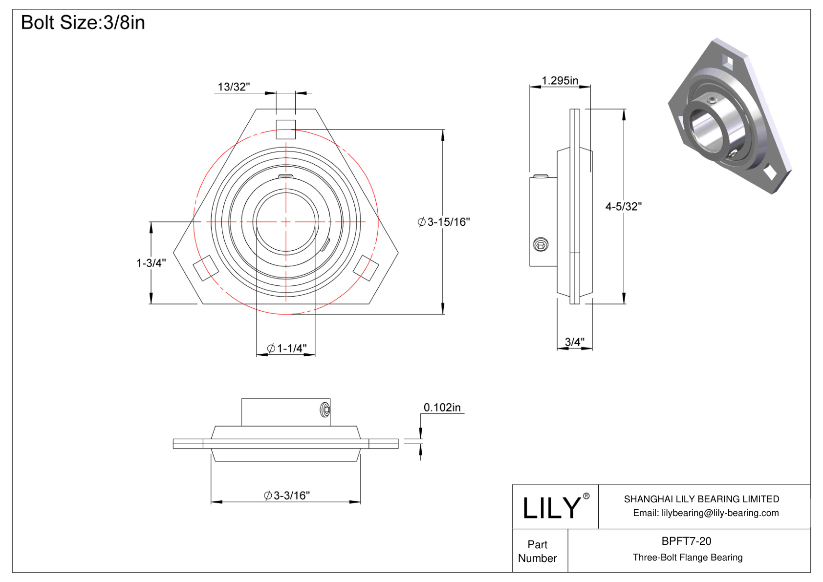 BPFT7-20 Three-Bolt Flange Bearing Set Screw Locking cad drawing