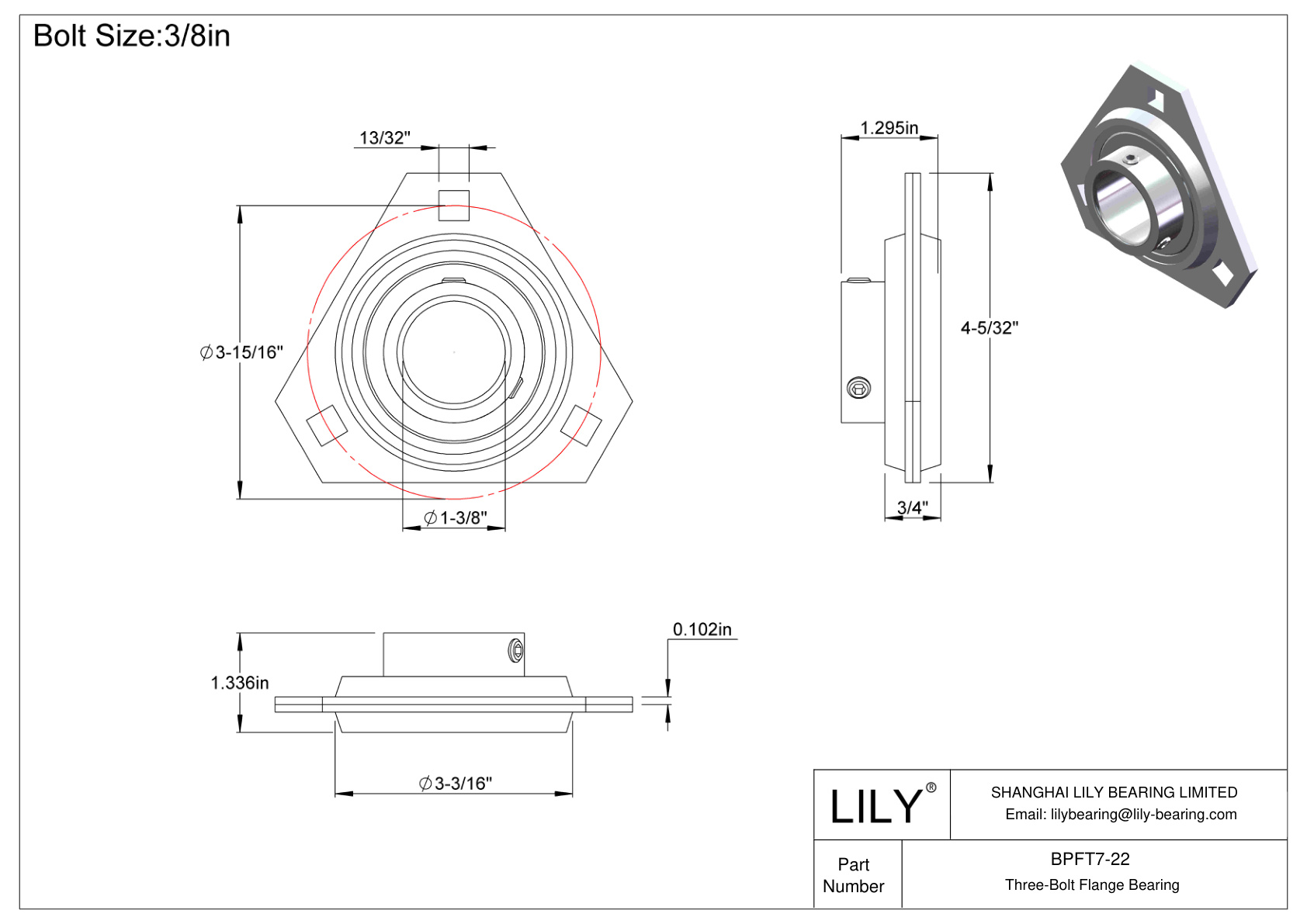 BPFT7-22 Three-Bolt Flange Bearing Set Screw Locking cad drawing