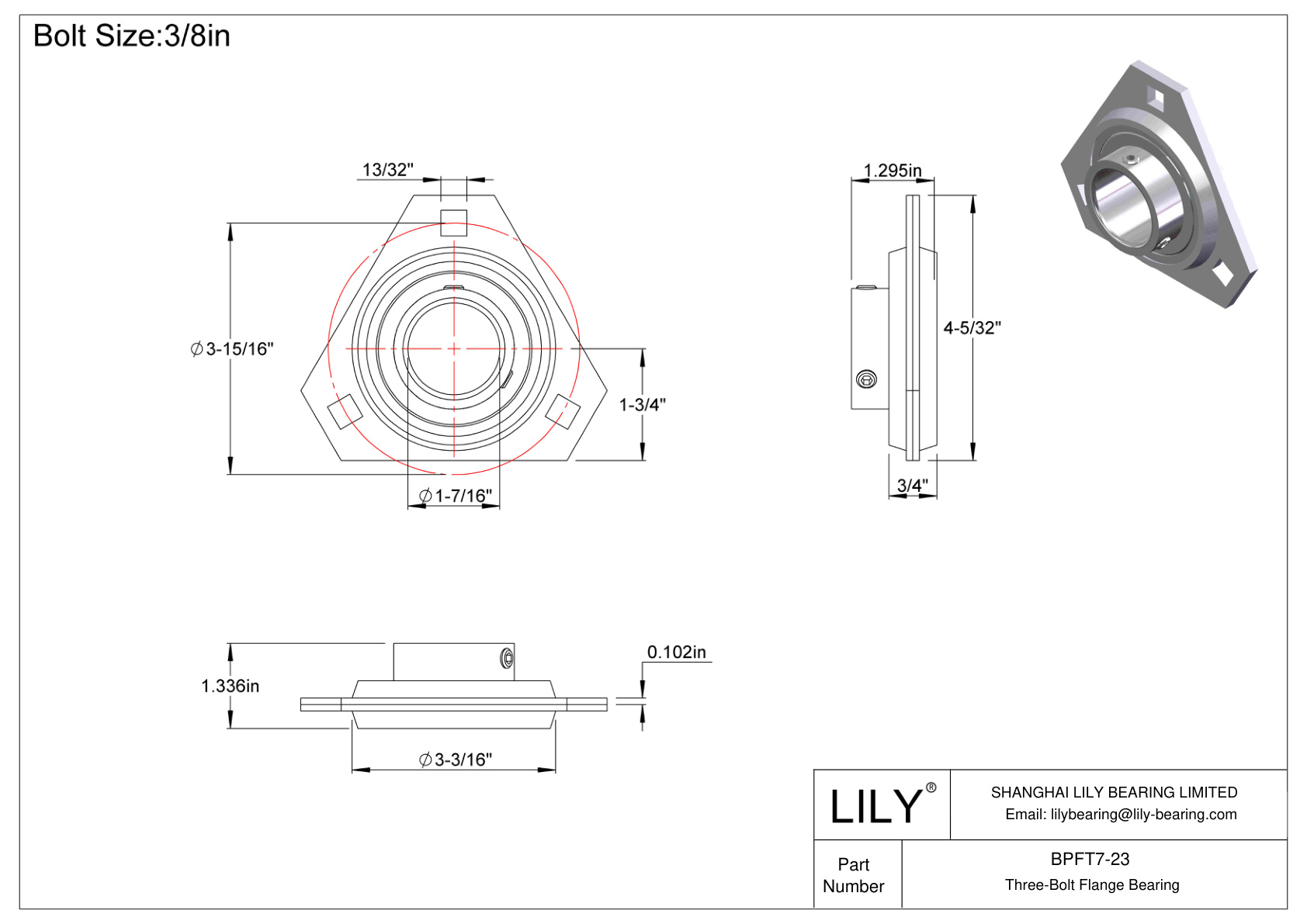 BPFT7-23 Three-Bolt Flange Bearing Set Screw Locking cad drawing