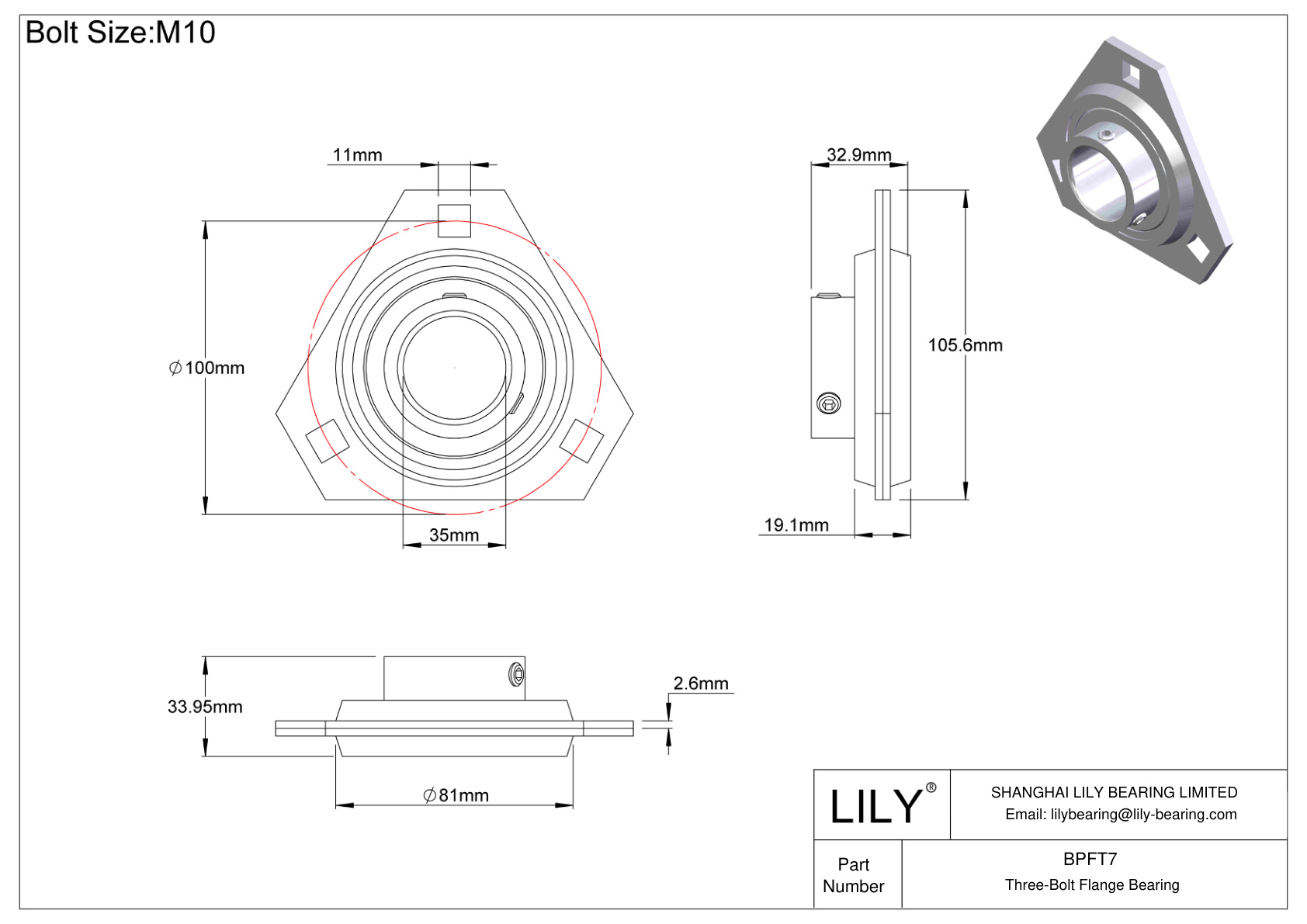 BPFT7 Tornillo de fijación del cojinete de brida de tres pernos cad drawing