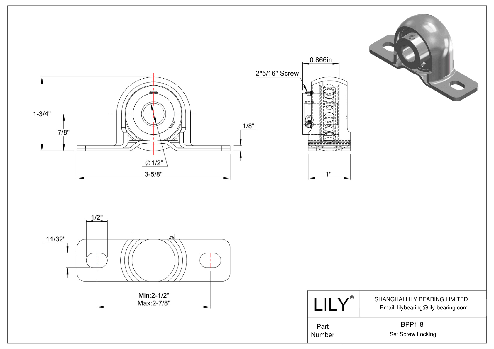 BPP1-8 Pillow Block Bearing Set Screw Locking cad drawing