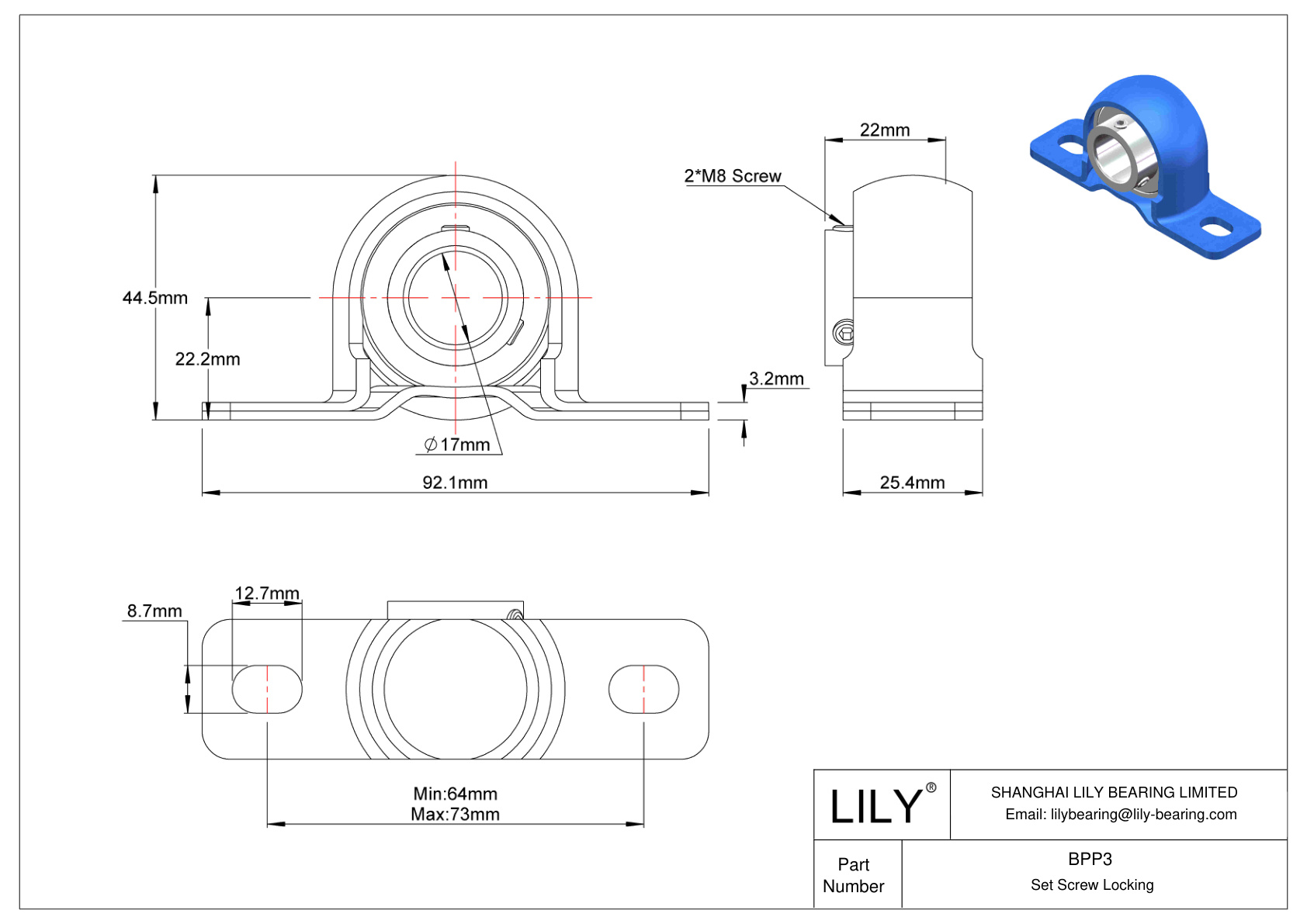 BPP3 Tornillo de fijación de rodamientos Pillow Block cad drawing