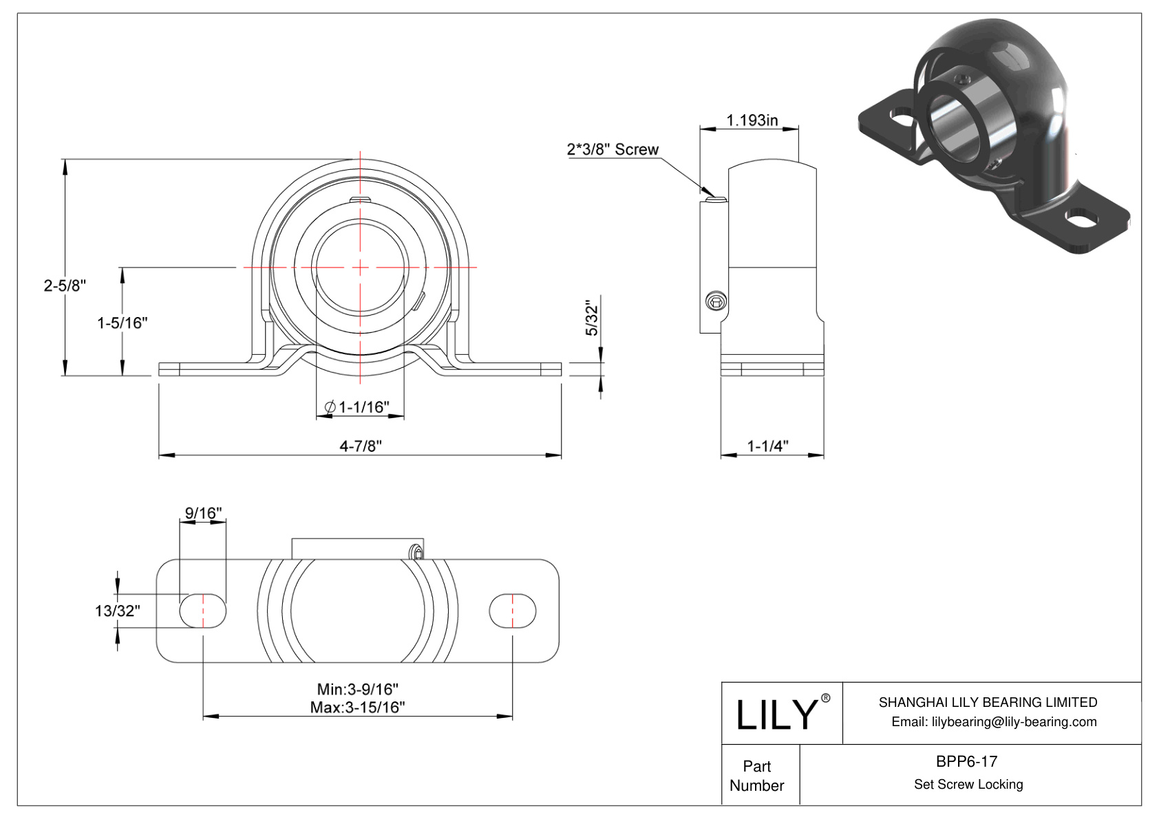 BPP6-17 Pillow Block Bearing Set Screw Locking cad drawing