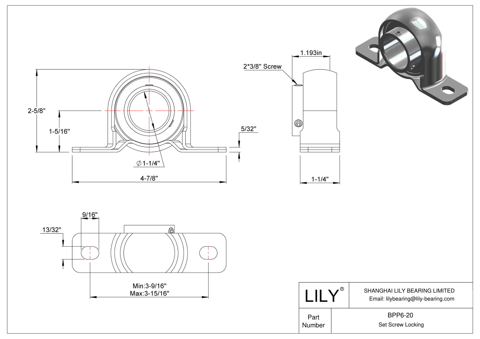 BPP6-20 Pillow Block Bearing Set Screw Locking cad drawing