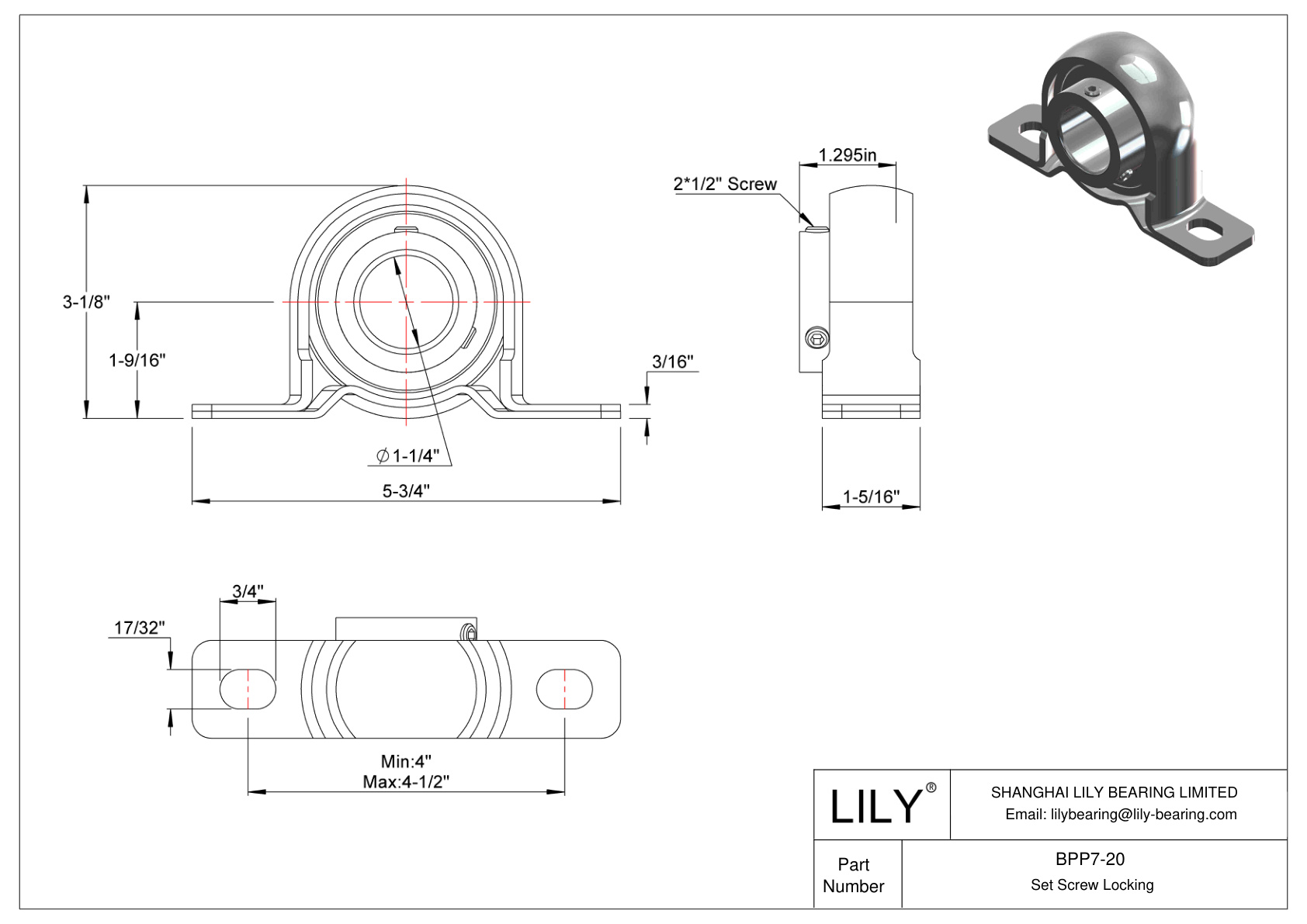 BPP7-20 Pillow Block Bearing Set Screw Locking cad drawing