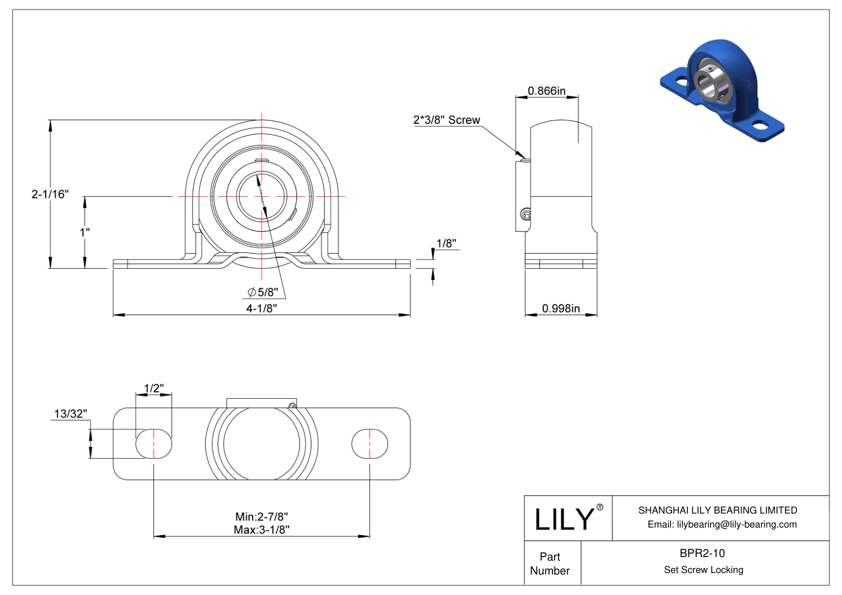 BPR2-10 Pillow Block Bearing Set Screw Locking cad drawing