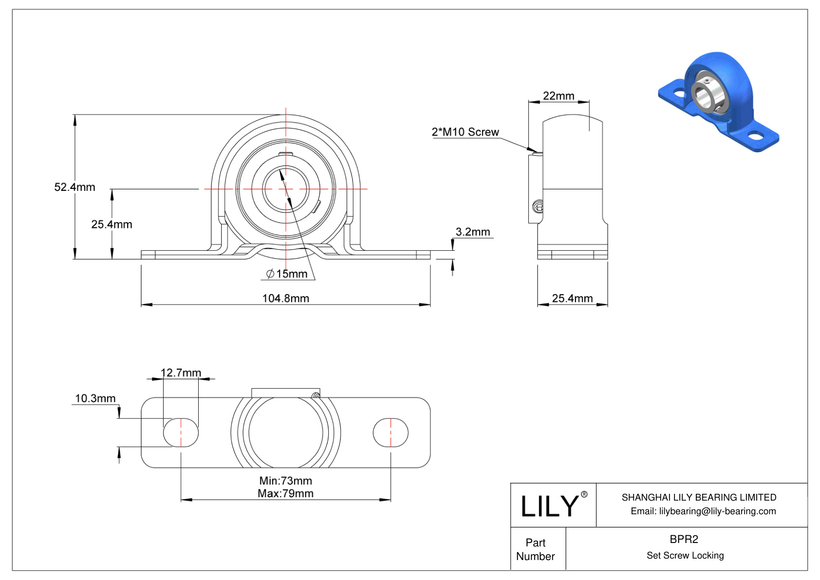 BPR2 Pillow Block Bearing Set Screw Locking cad drawing