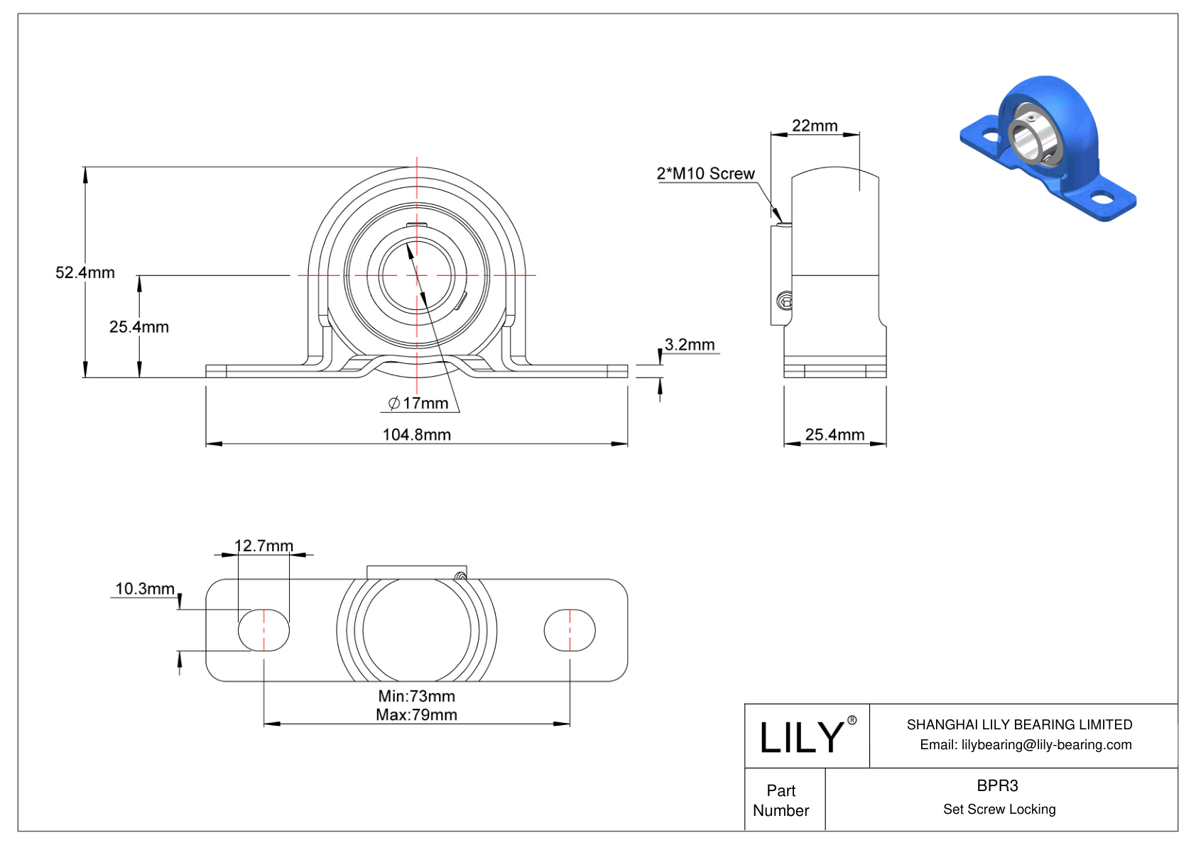 BPR3 Pillow Block Bearing Set Screw Locking cad drawing