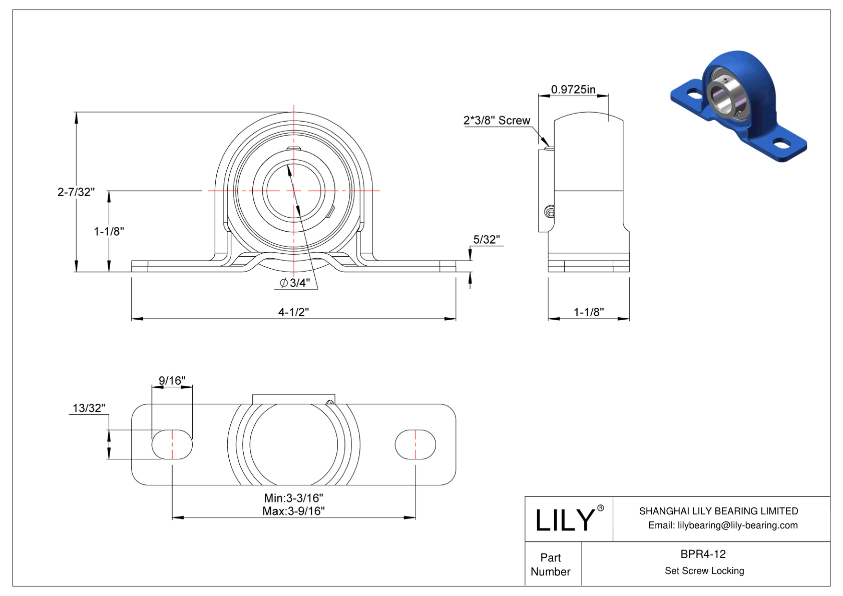 BPR4-12 Pillow Block Bearing Set Screw Locking cad drawing