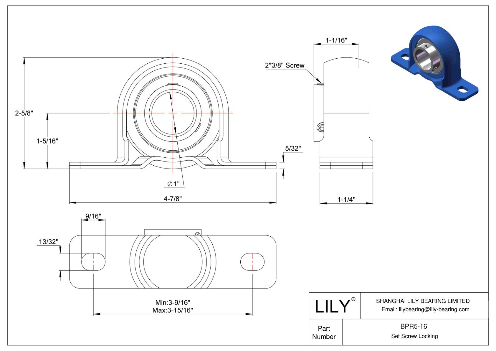 BPR5-16 Pillow Block Bearing Set Screw Locking cad drawing