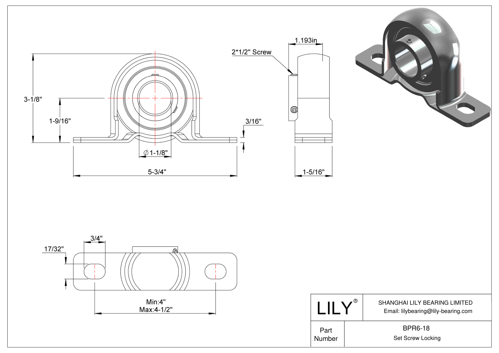 BPR6-18 Pillow Block Bearing Set Screw Locking cad drawing